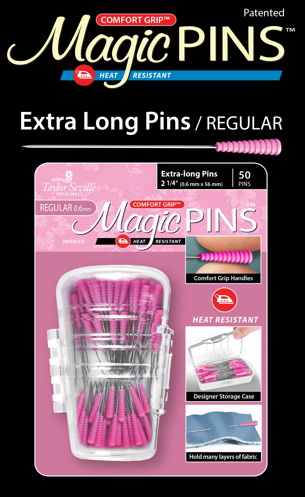 Taylor Seville Magic Pins - Extra Long Pink 50/Pkg