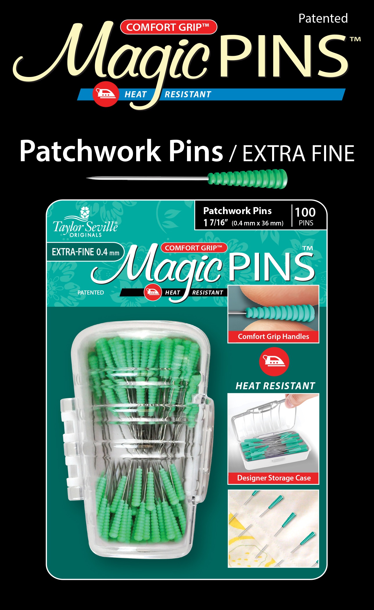 Taylor Seville Magic Pins - Patchwork Extra Fine Green 100/Pkg