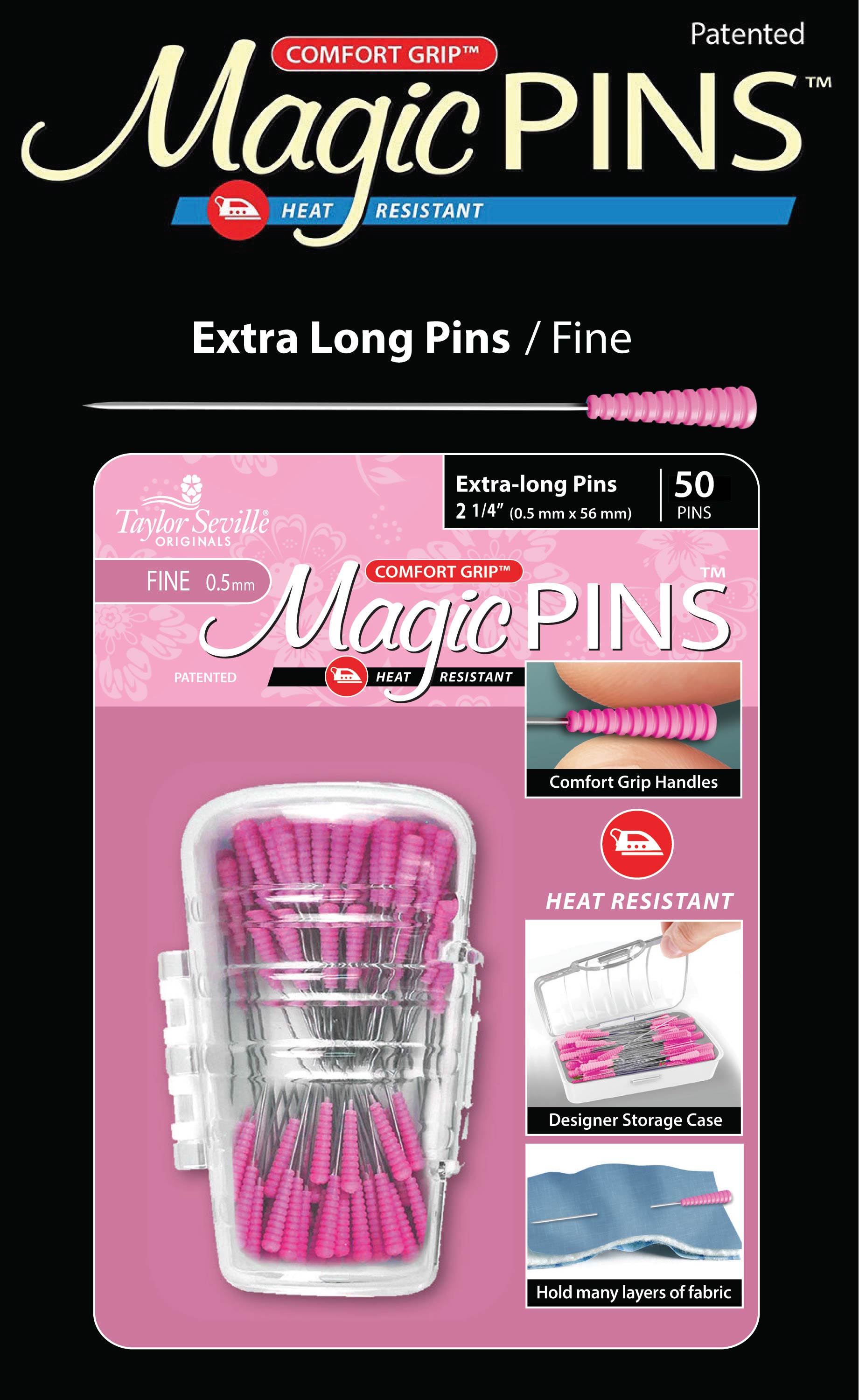 Taylor Seville Magic Pins - Extra Long Fine Pink 50/Pkg