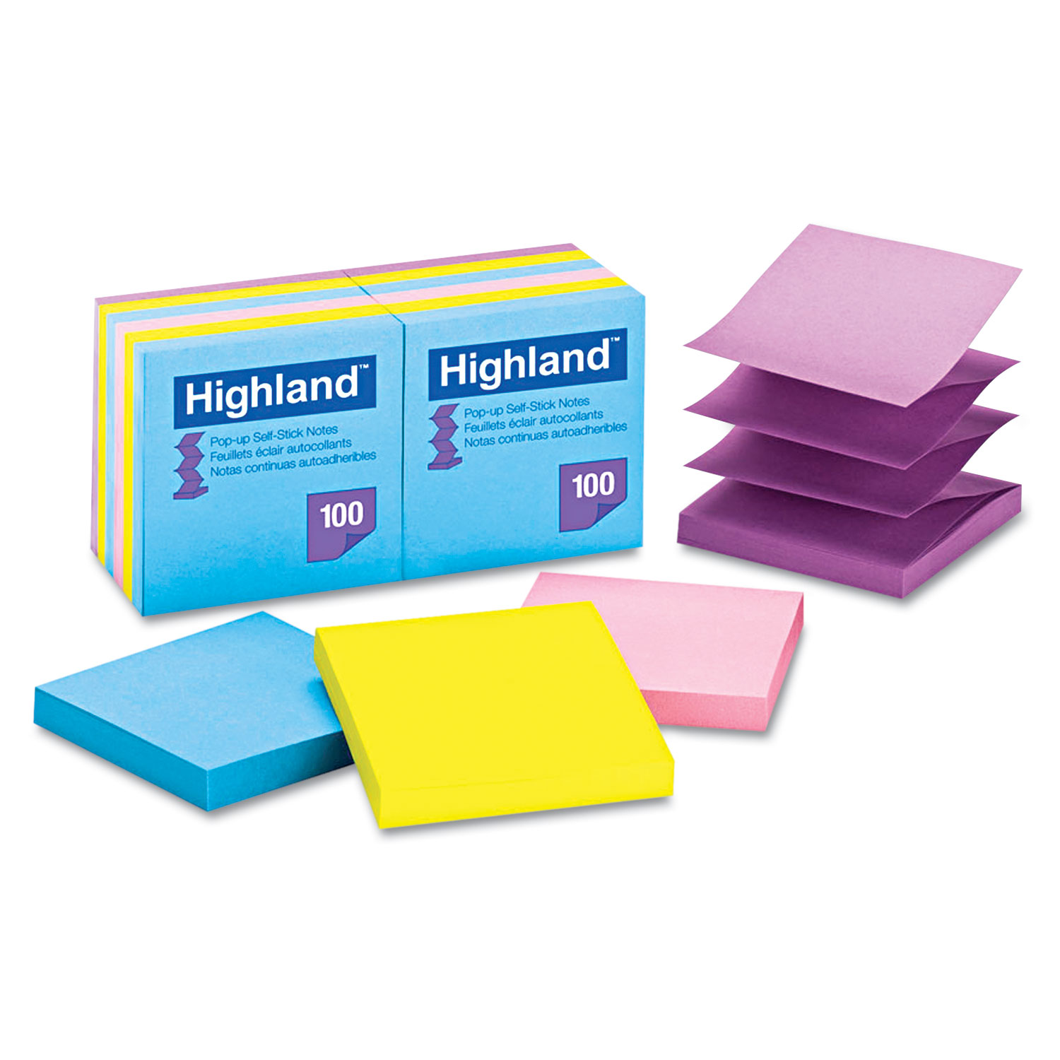 Highland Self-Stick Pop-Up Notes, 3 x 3, Assorted Bright, 100-Sheet, 12/Pack