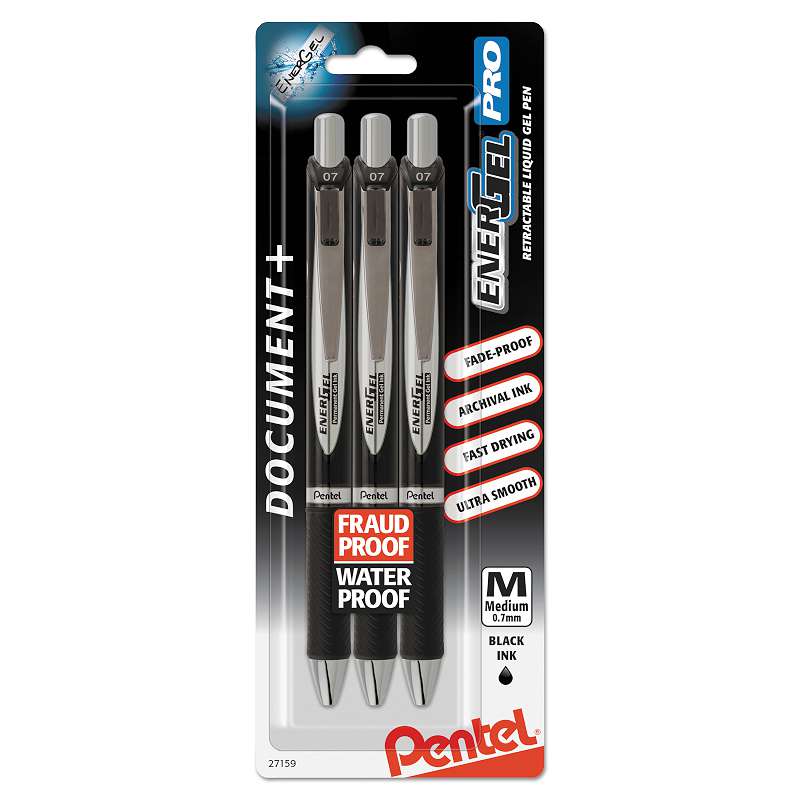 Pentel® EnerGel PRO Pigment Gel Pen, 0.7 mm, Black Barrel/Ink, 3/PK