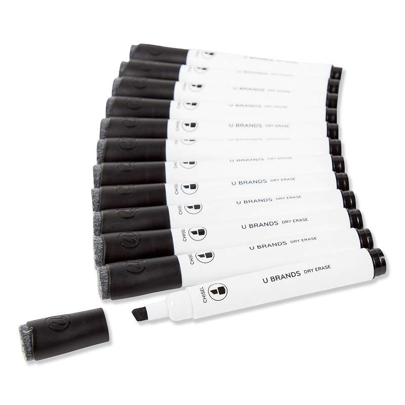 U Brands Chisel Tip Low-Odor Dry-Erase Markers with Erasers, Black, Dozen