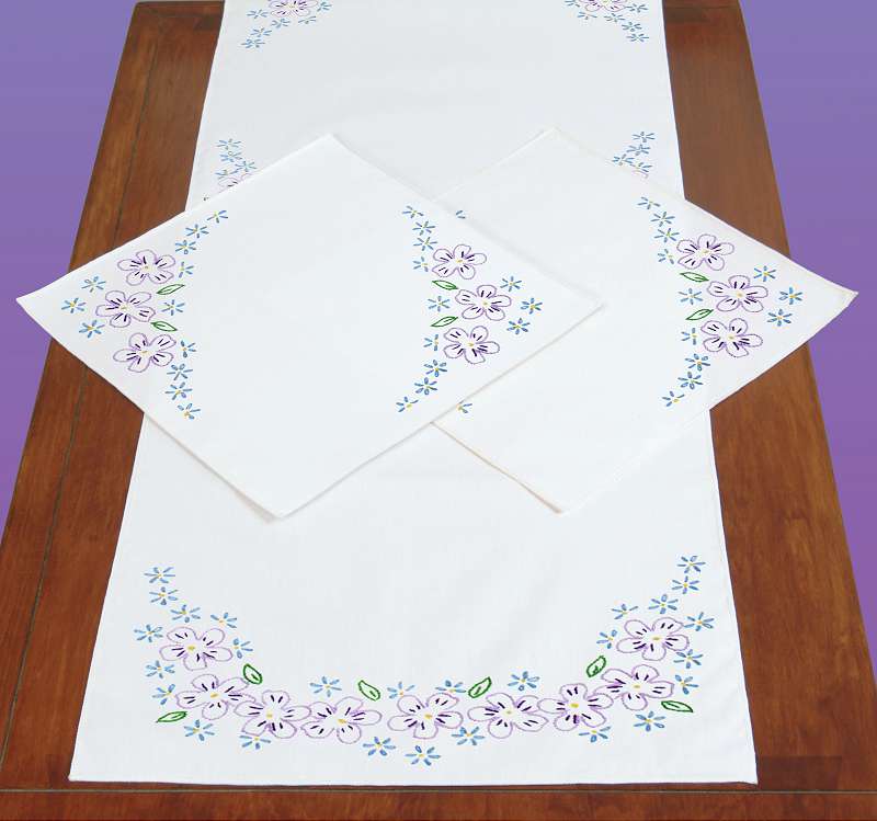 Jack Dempsey Stamped Dresser Scarf & Doilies Perle Edge Lavender Flowers