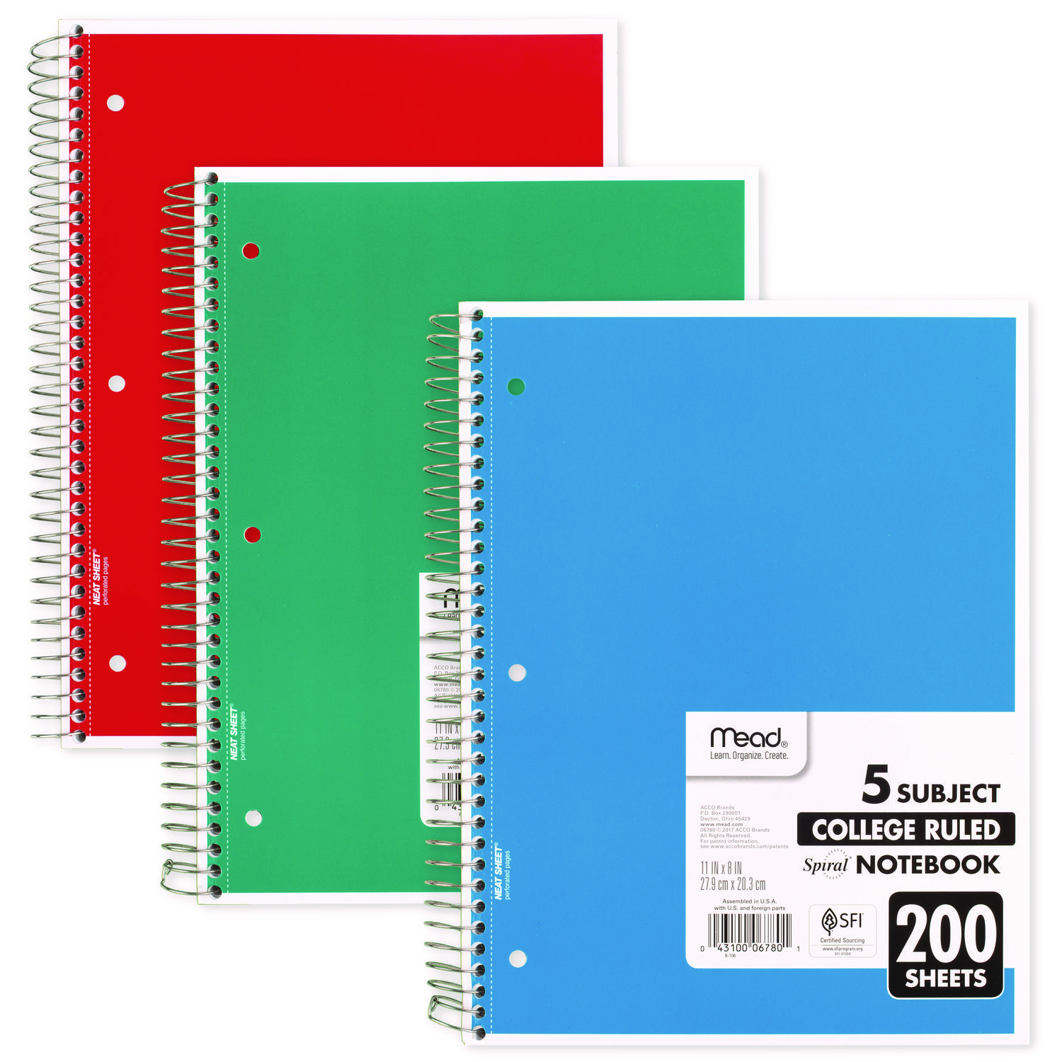 Mead® Spiral Bound Notebook, Perforated, College Rule, 11 x 8, White, 200 Sheets