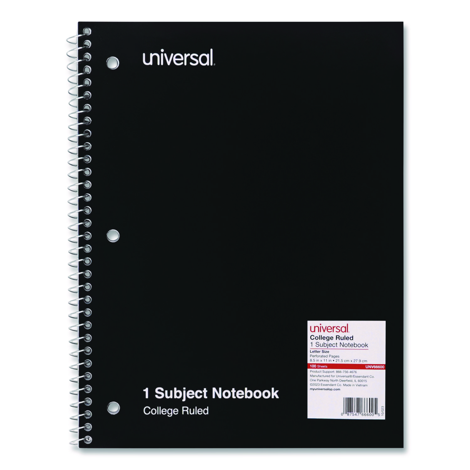 Universal® 1 Sub. Wirebound Notebook, 11 x 8 1/2, College Rule, 100 Sheets, Blac