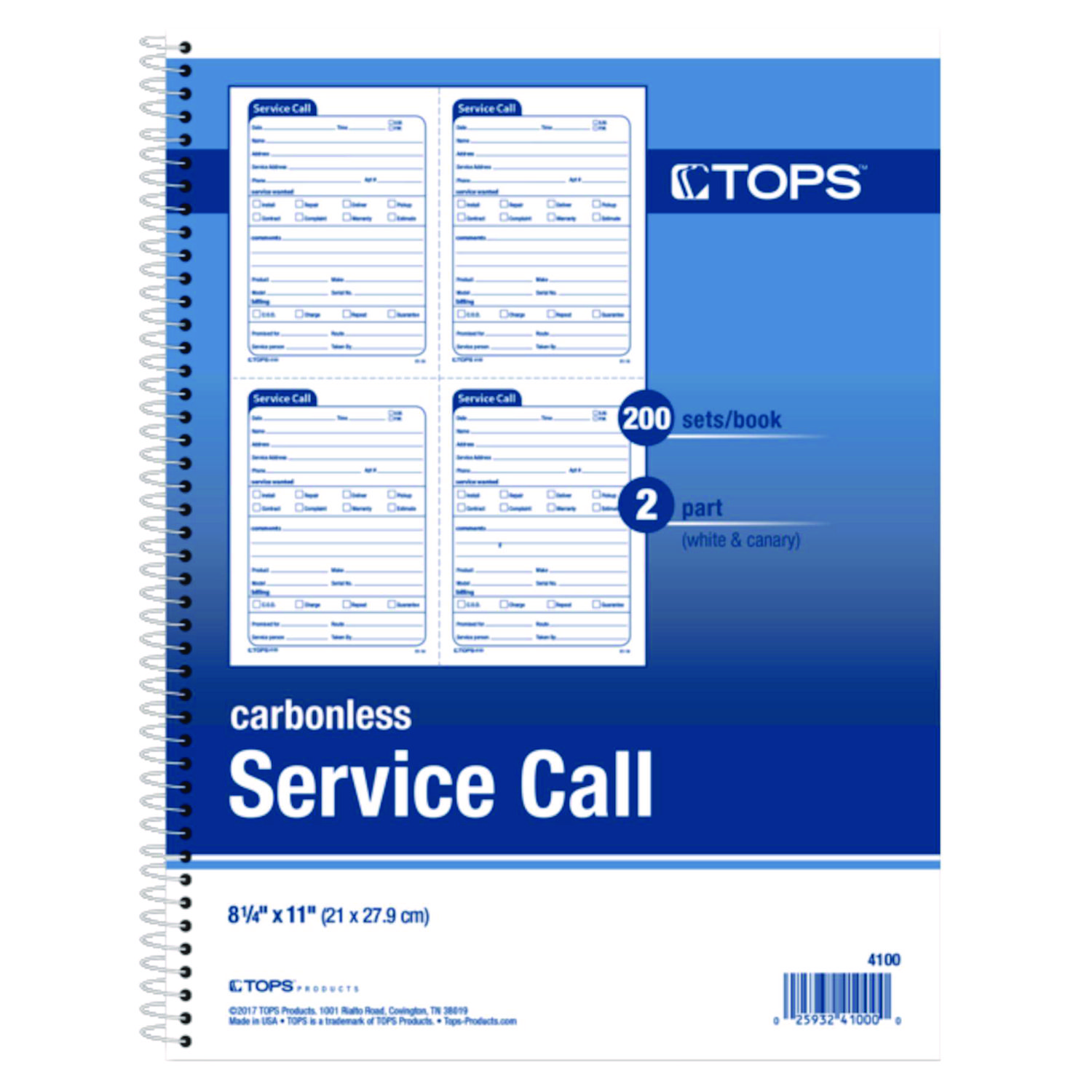 TOPS Service Call Book, 4 x 5 1/2, Two-Part Carbonless, 200 Sets/Book