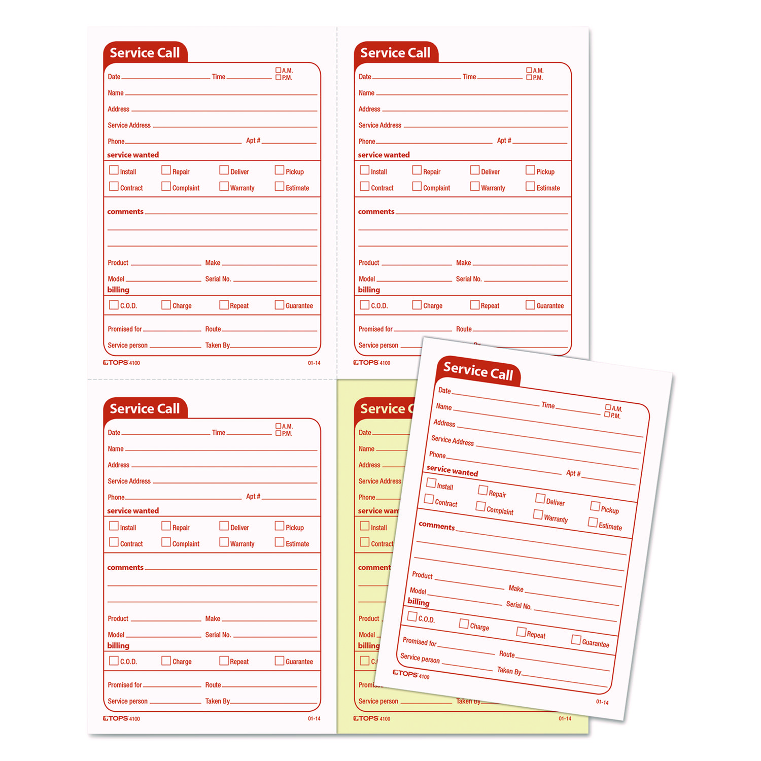TOPS Service Call Book, 4 x 5 1/2, Two-Part Carbonless, 200 Sets/Book