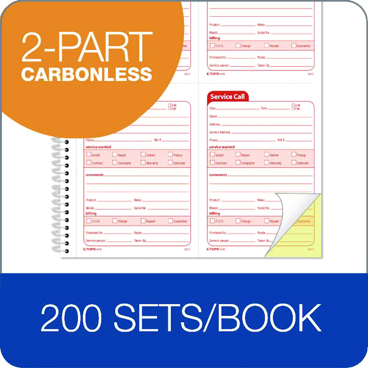 TOPS Service Call Book, 4 x 5 1/2, Two-Part Carbonless, 200 Sets/Book