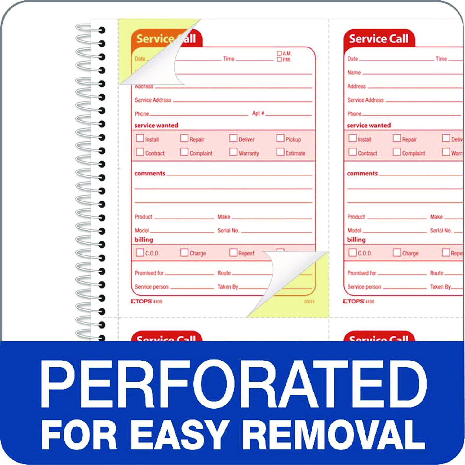 TOPS Service Call Book, 4 x 5 1/2, Two-Part Carbonless, 200 Sets/Book