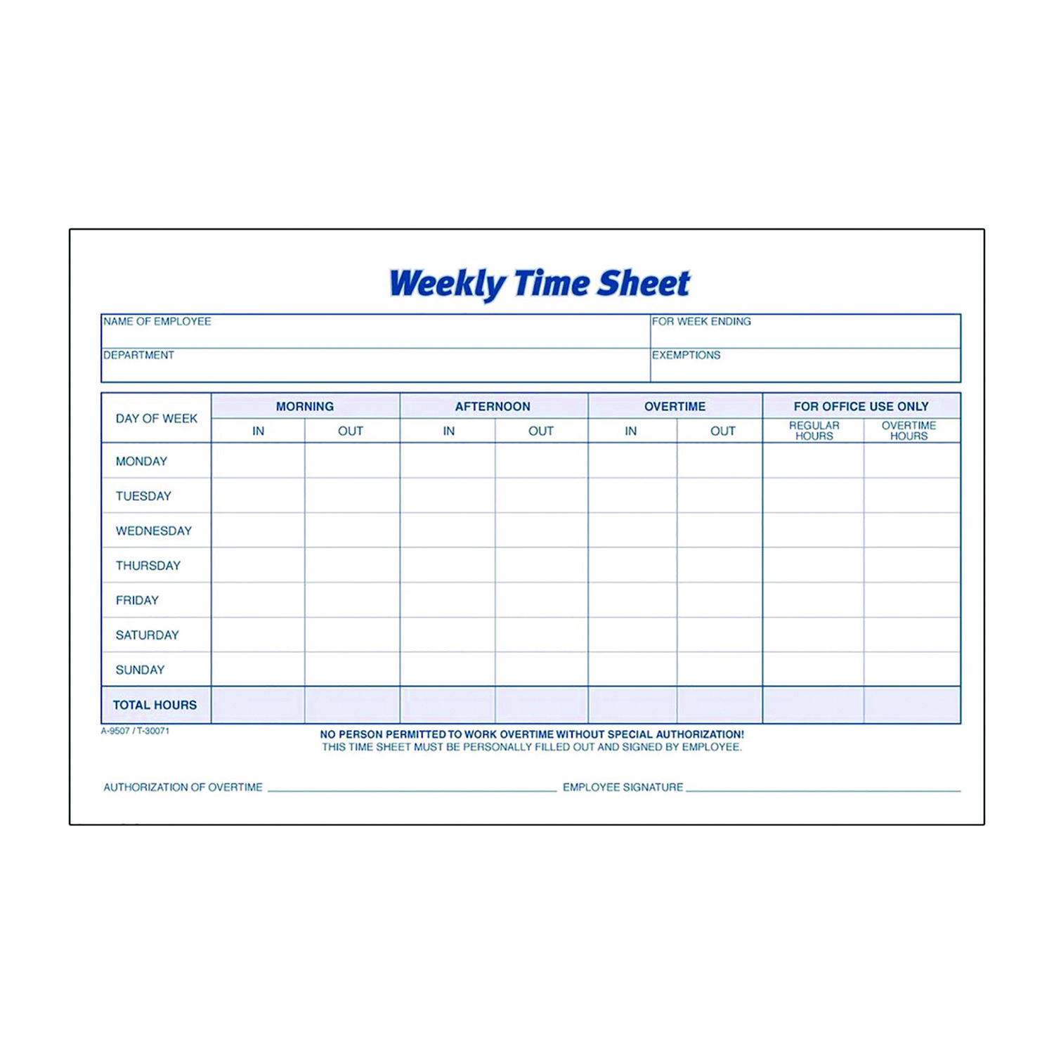 Weekly Time Sheets, One Part (No Copies), 8.5 x 5.5, 100 Forms/Pad, 2 Pads/Pack