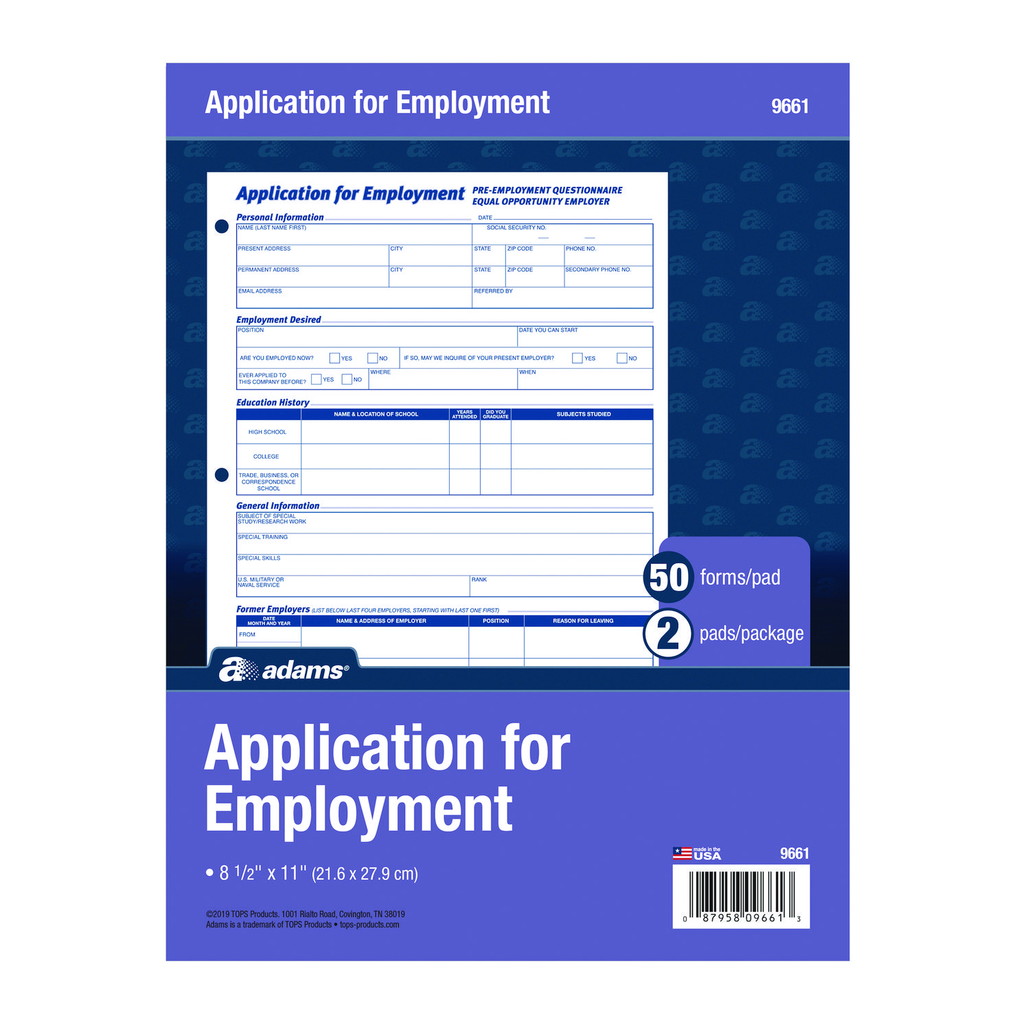 Employment Applications, One-Part (No Copies), 11 x 8.38, 50 Forms/Pad, 2 Pads/P