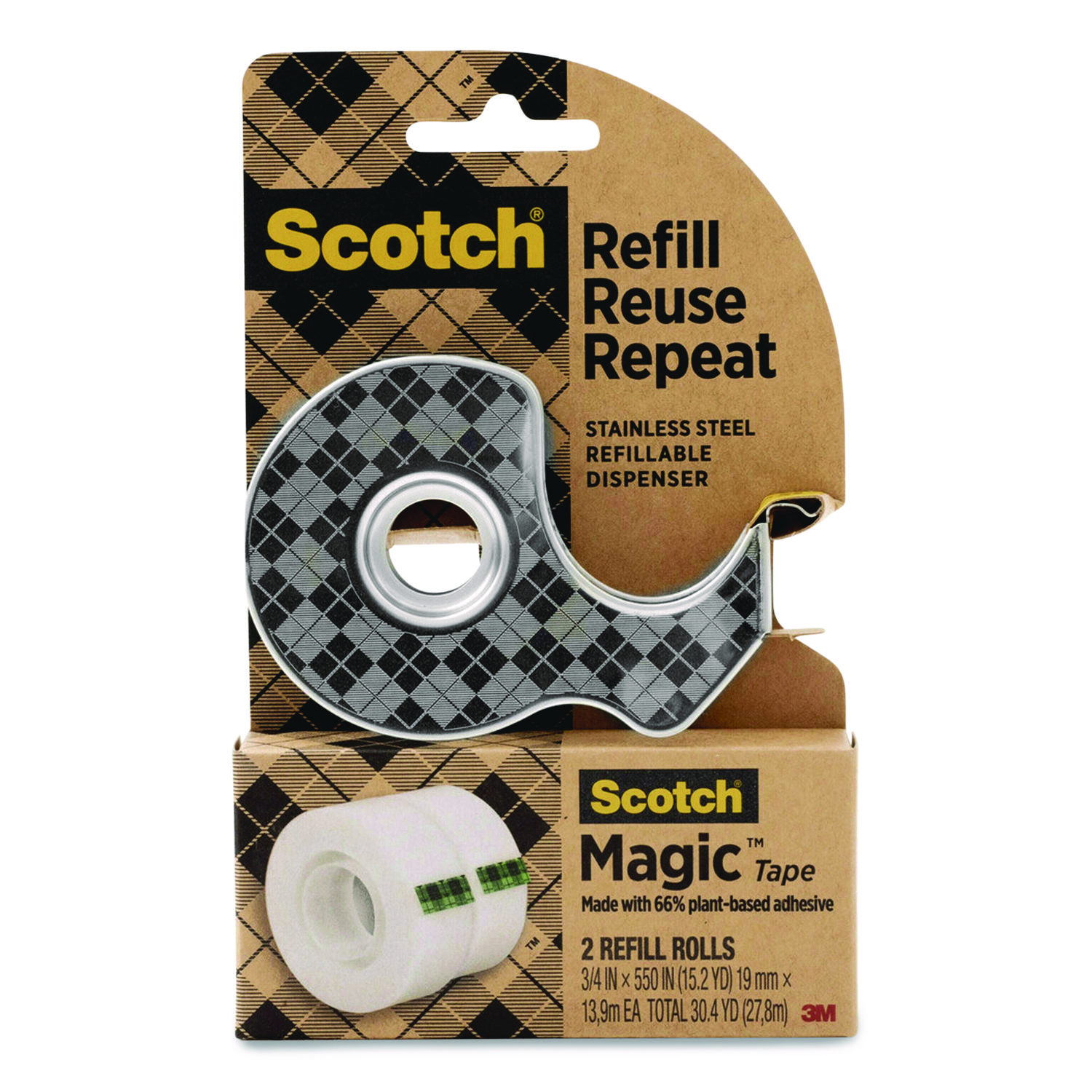 Stainless Steel Refillable Tape Dispenser with 2 Rolls 0.75