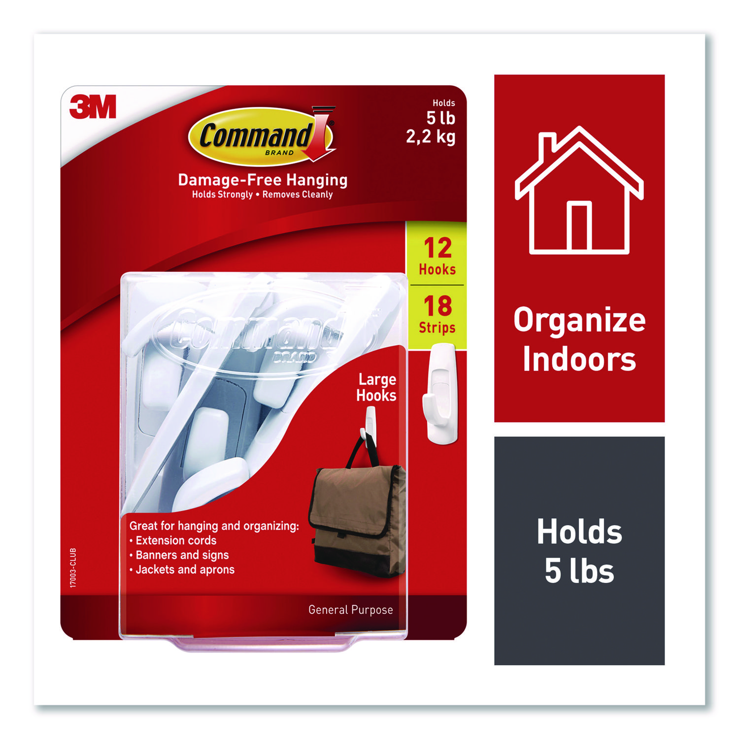 General Purpose Hooks, Large, Plastic, White, 5 lb Capacity, 12 Hooks and 18 Str