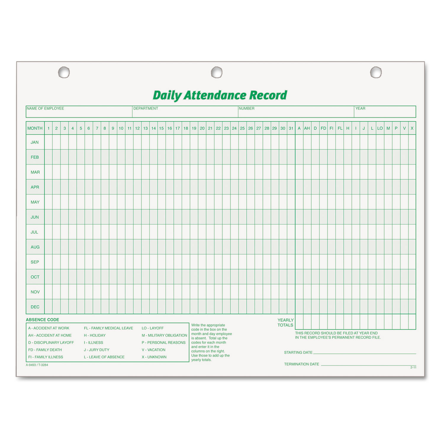 TOPS Daily Attendance Card, 8 1/2 x 11, 50 Forms