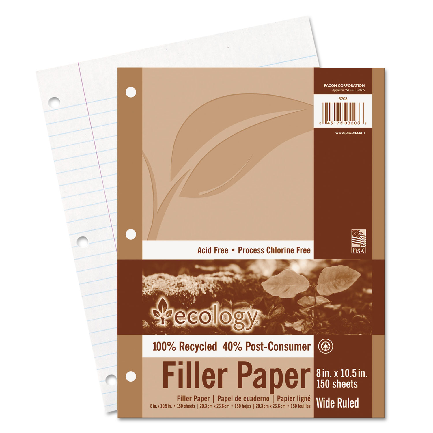 Pacon® Ecology Filler Paper, 8 x 10-1/2, Wide Ruled, 3-Hole Punch, White, 150 Sh