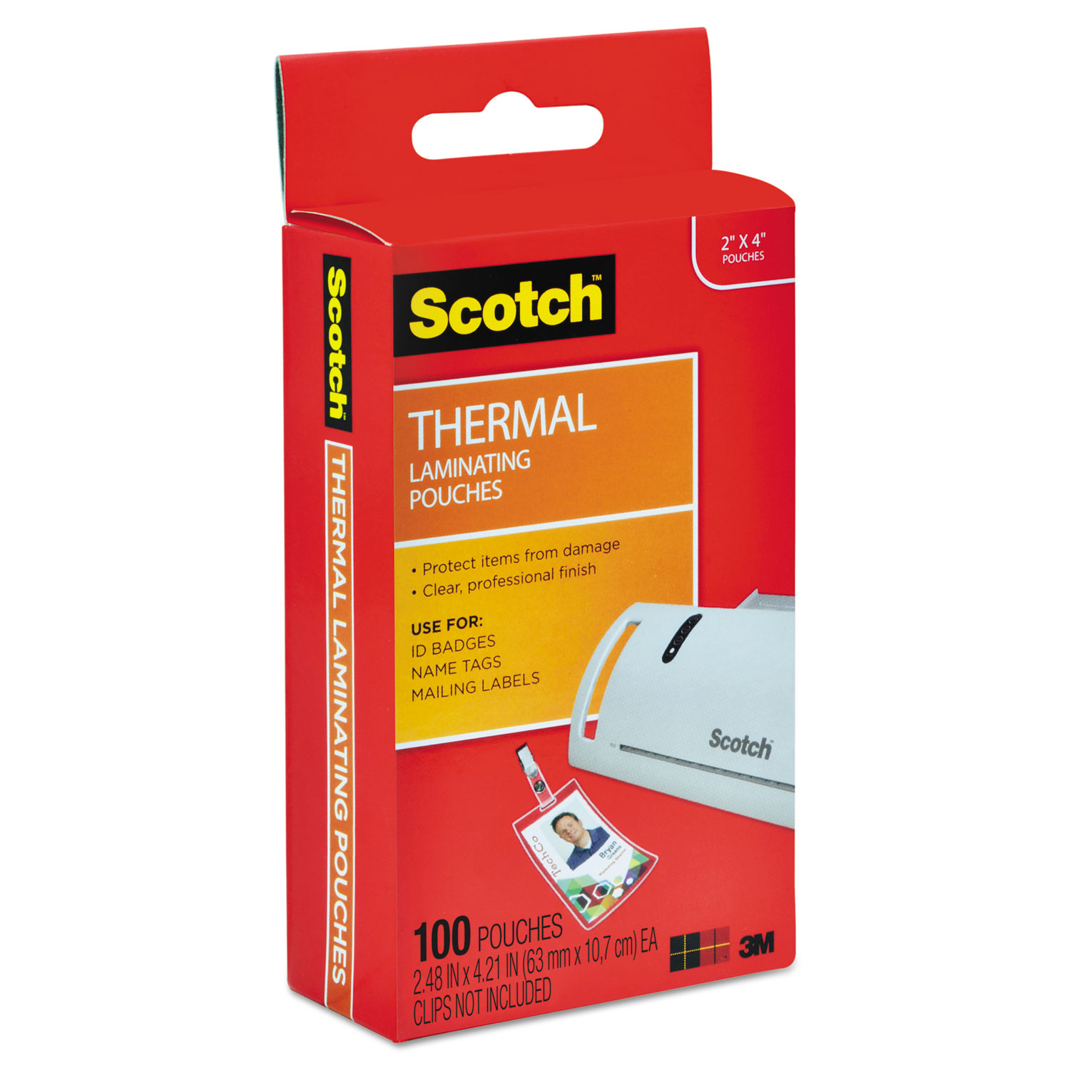Scotch ID Badge Size Thermal Laminating Pouches, 5 mil, 4 1/4 x 2 1/5, 100/Pack