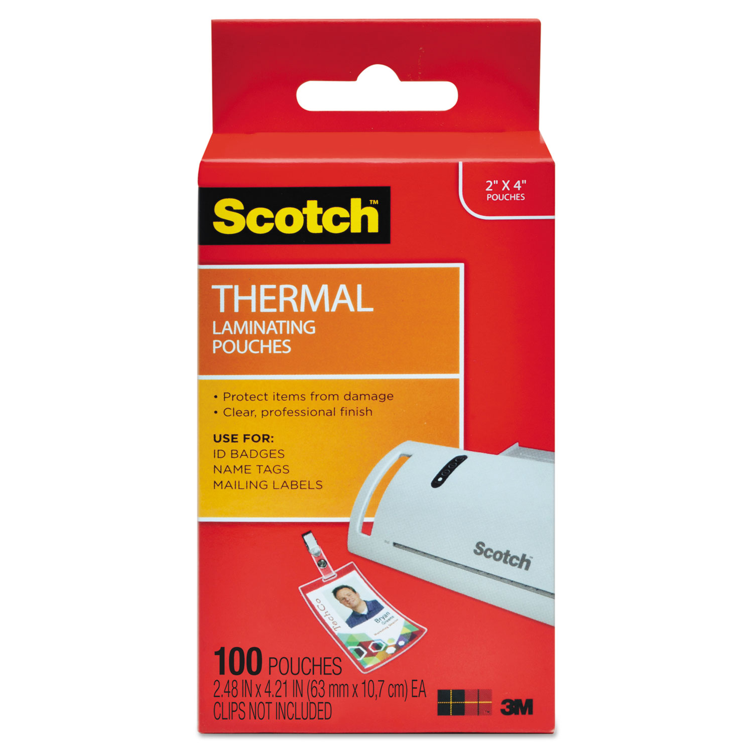 Scotch ID Badge Size Thermal Laminating Pouches, 5 mil, 4 1/4 x 2 1/5, 100/Pack