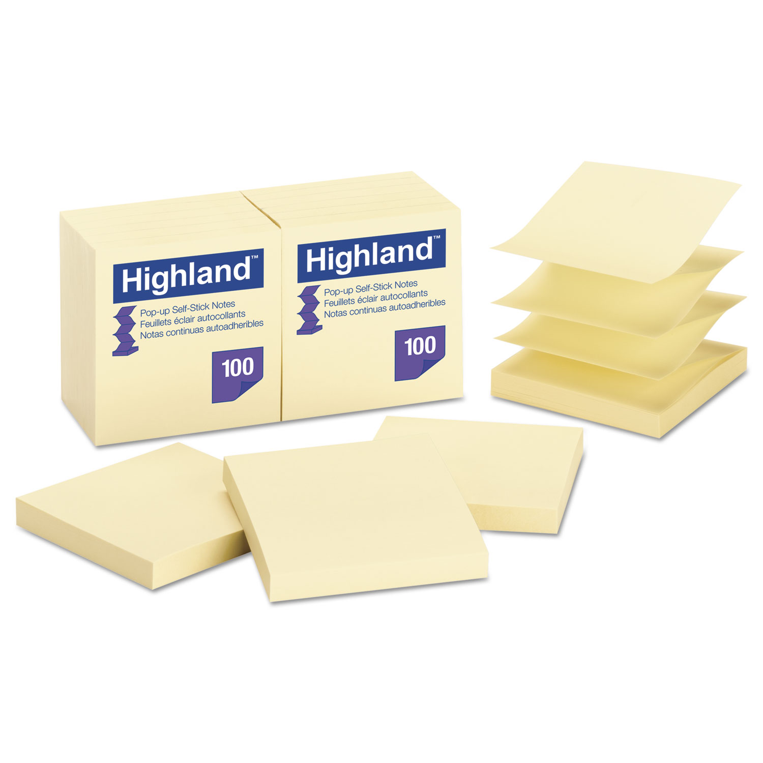 Highland Self-Stick Pop-Up Notes, 3 x 3, Yellow, 100-Sheet, 12/PK