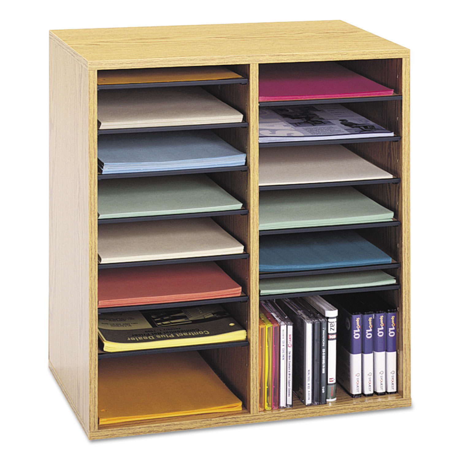Safco® Wood/Laminate Literature/CD Sorter, 16 Section, 19 1/2 x 11 3/4 x 21, Med