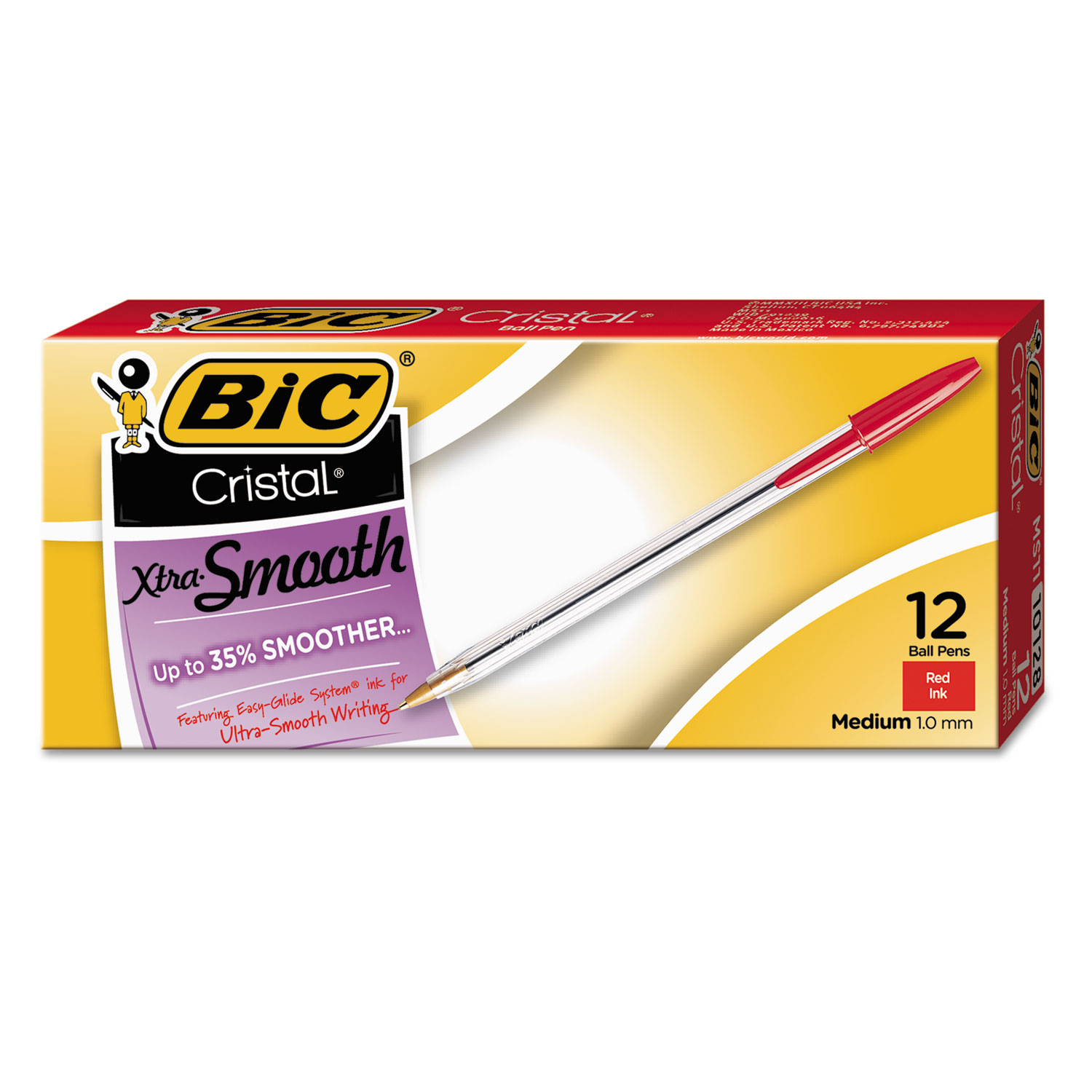 BIC® Cristal Xtra Smooth Ballpoint Stick Pen, Red Ink, 1mm, Medium, Dozen