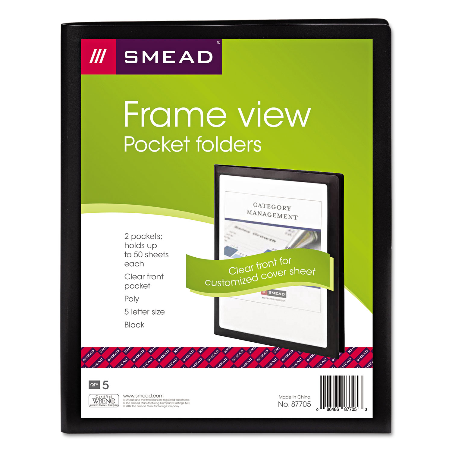 Smead® Frame View Poly Two-Pocket Folder, 11 x 8 1/2, Clear/Black, 5/Pack