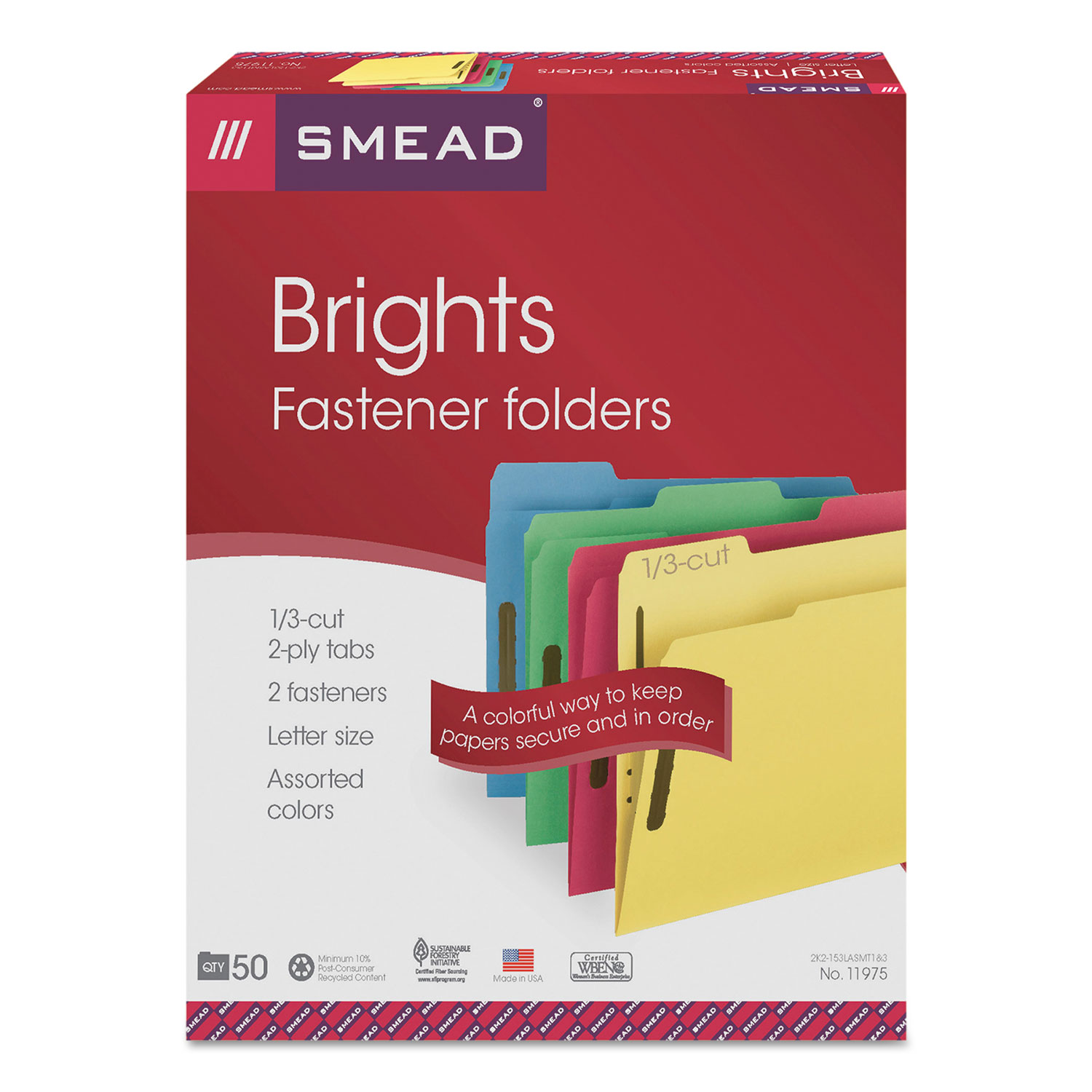 Smead® Folders, Two Fasteners, 1/3 Cut Top Tab, Letter, Assorted, 50/Box
