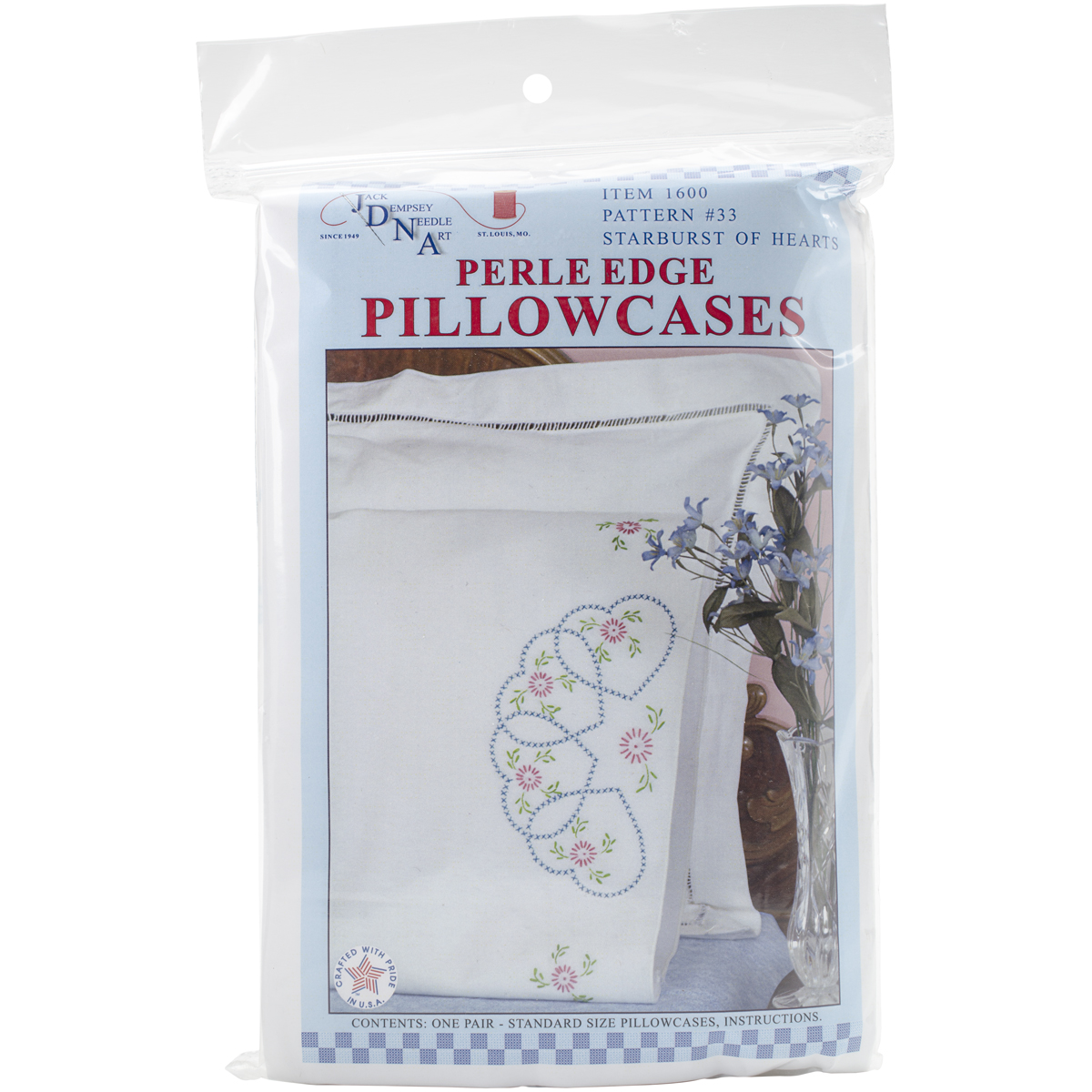Stamped Pillowcases W/White Perle Edge 2/Pkg Starburst Of Hearts