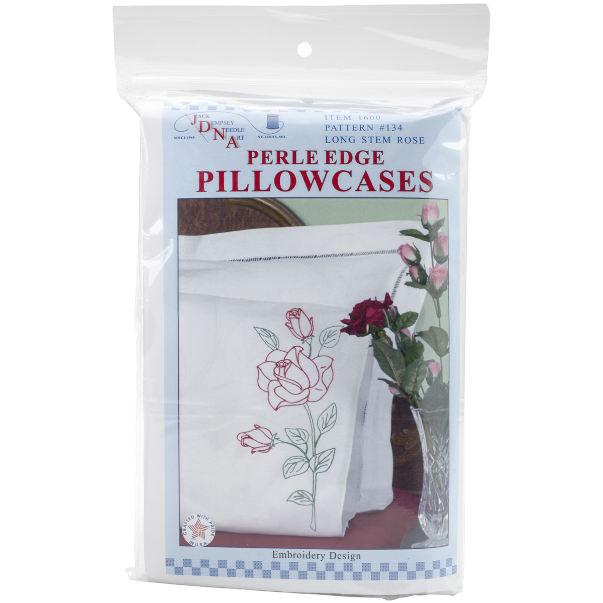 Stamped Pillowcases W/White Perle Edge 2/Pkg Long Stem Rose