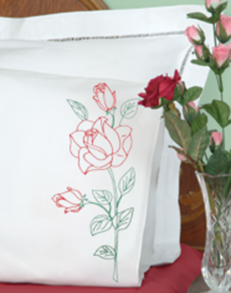 Stamped Pillowcases W/White Perle Edge 2/Pkg Long Stem Rose