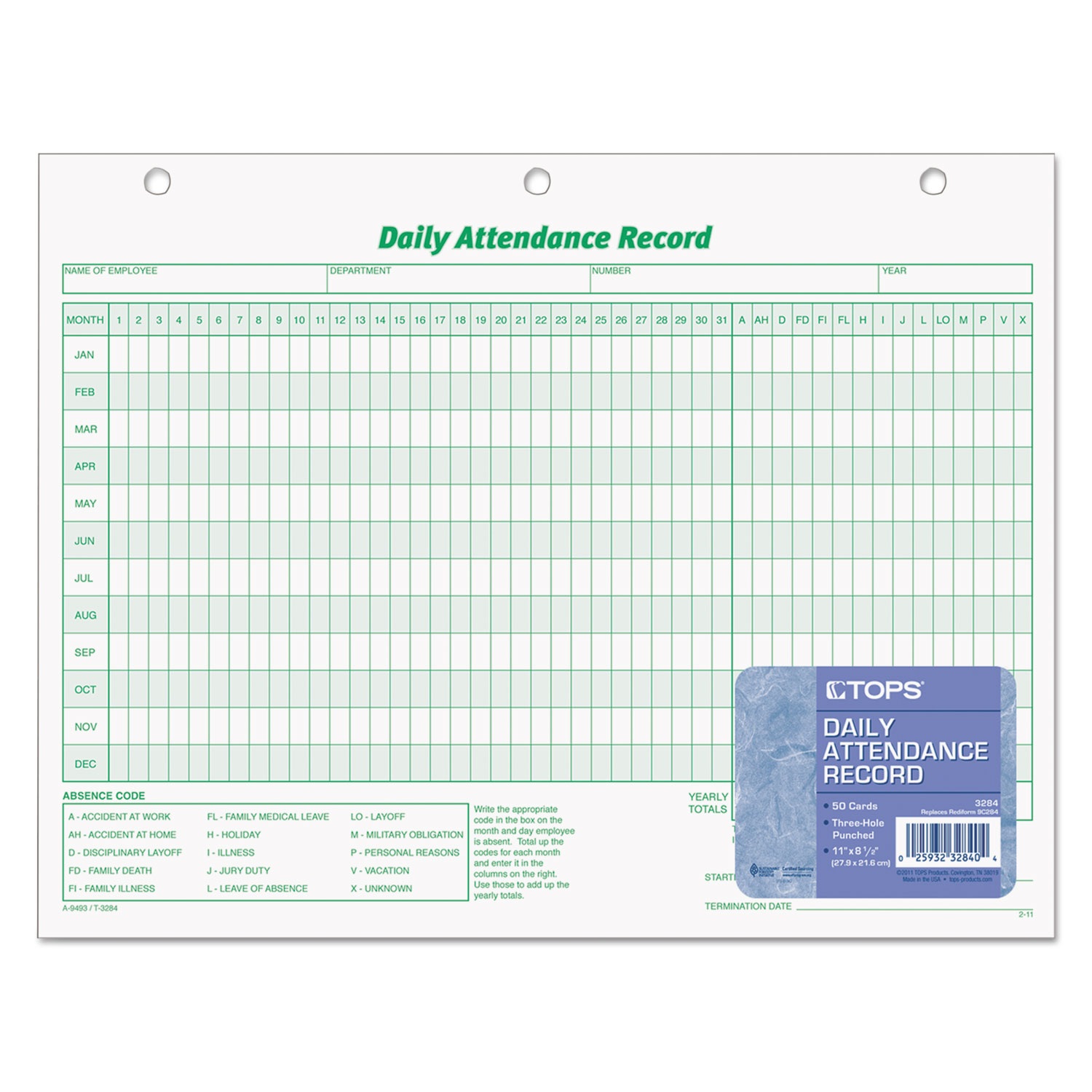 TOPS Daily Attendance Card, 8 1/2 x 11, 50 Forms