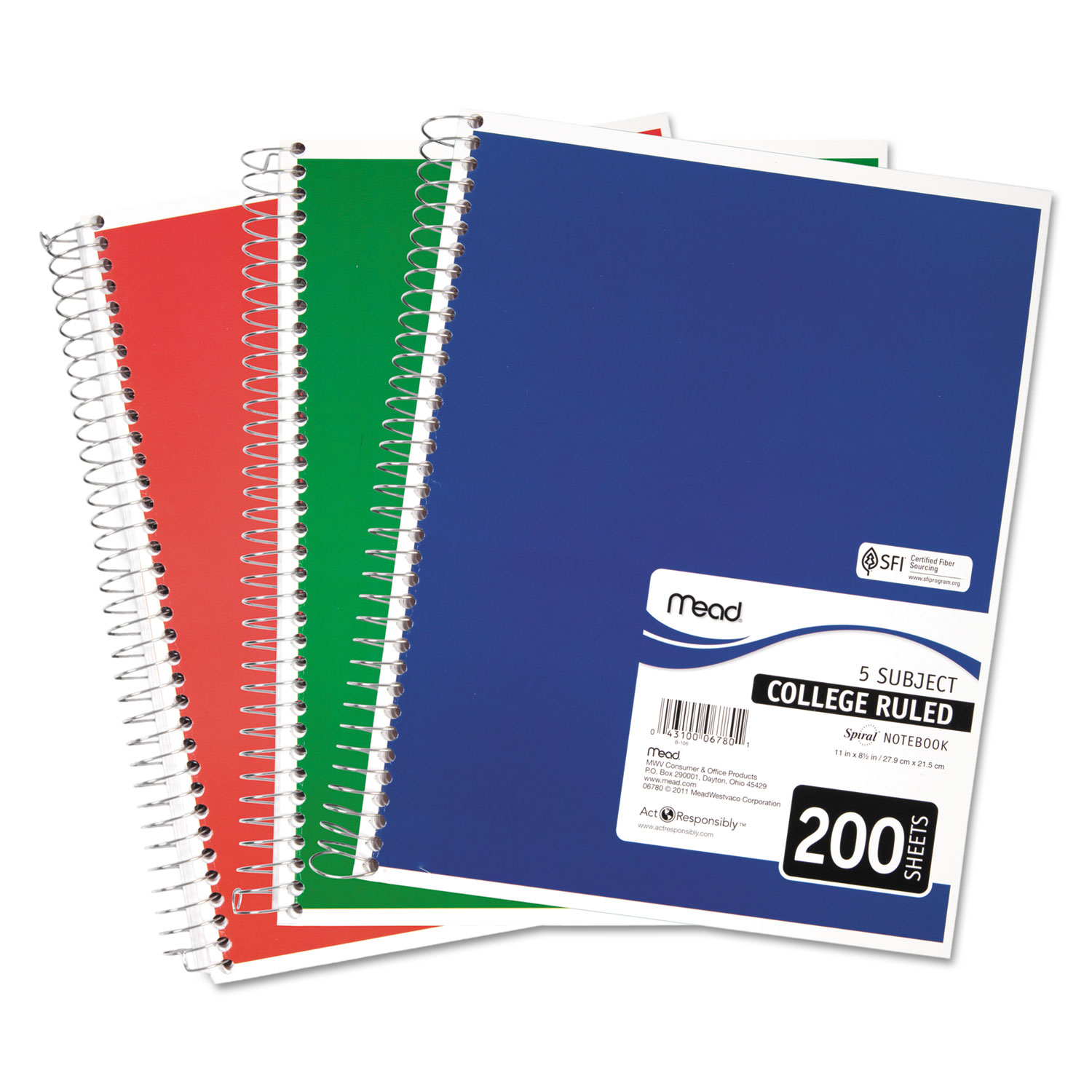 Mead® Spiral Bound Notebook, Perforated, College Rule, 11 x 8, White, 200 Sheets