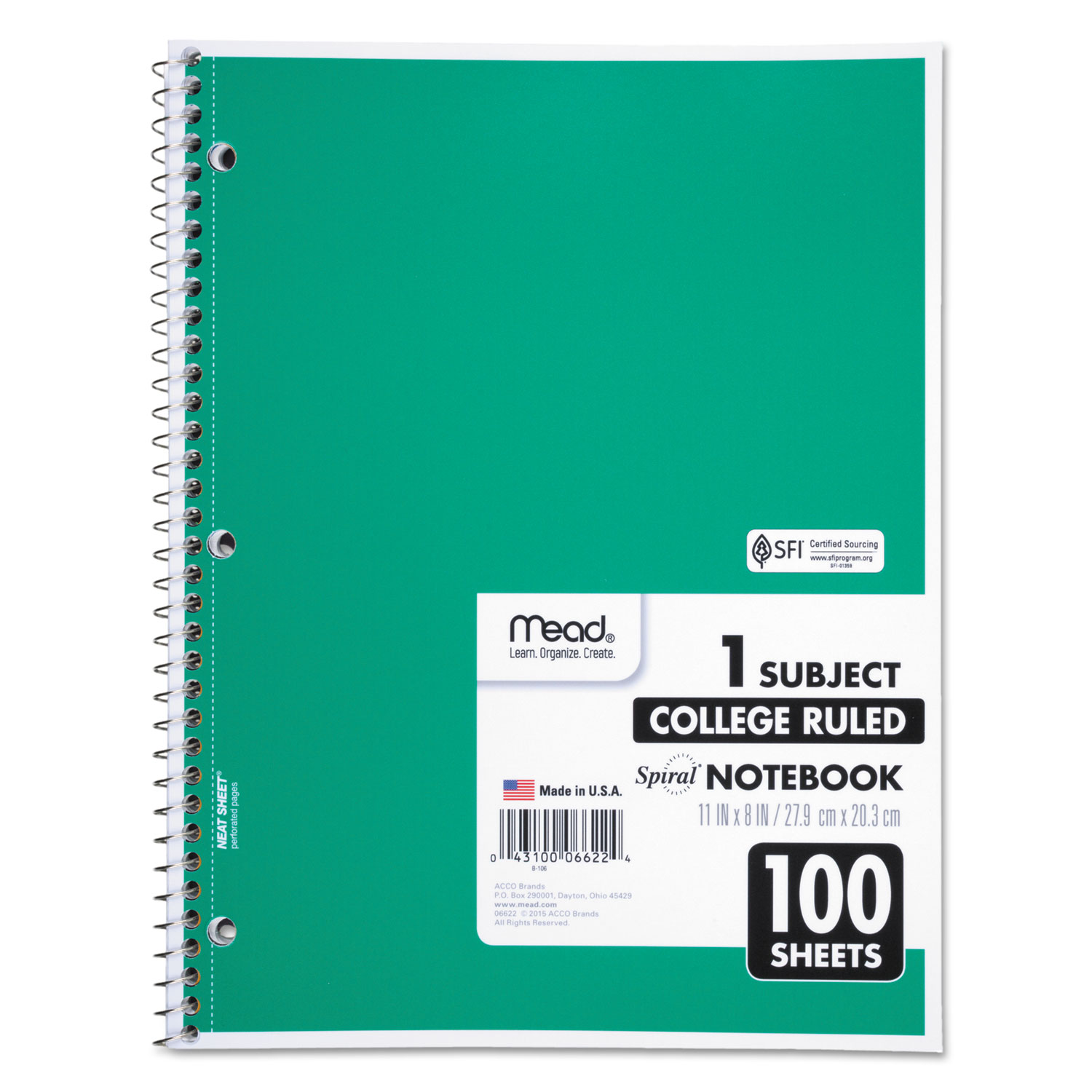 Mead® Spiral Bound Notebook, Perforated, College Rule, 11 x 8, White, 100 Sheets