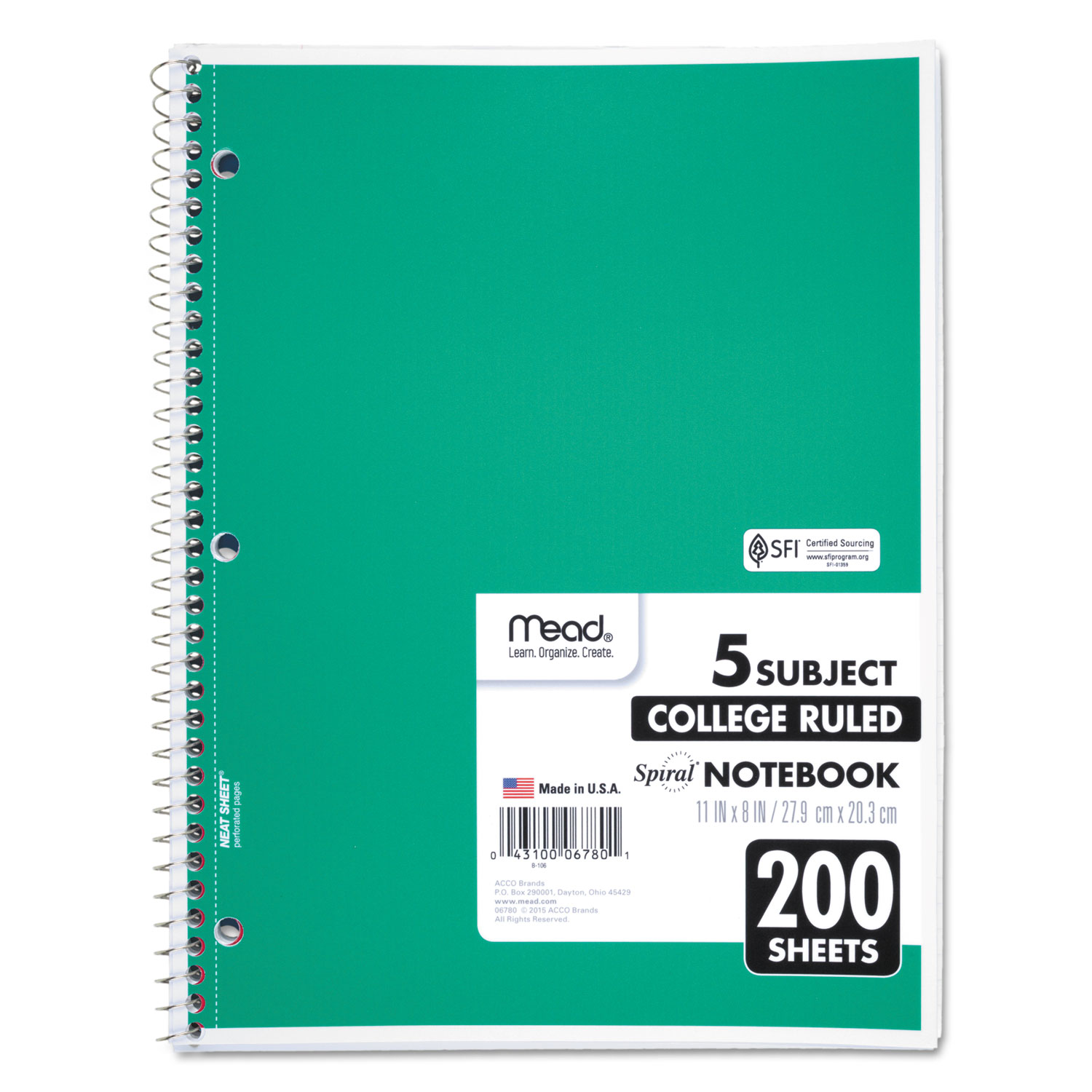 Mead® Spiral Bound Notebook, Perforated, College Rule, 11 x 8, White, 200 Sheets