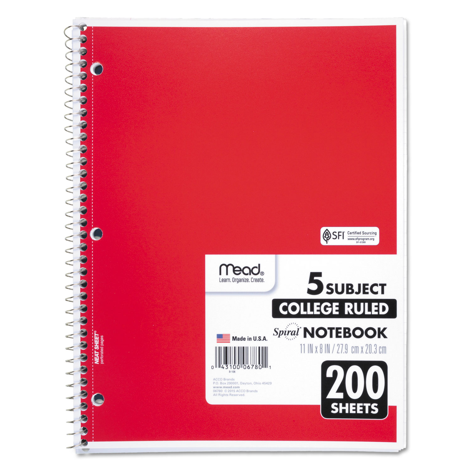 Mead® Spiral Bound Notebook, Perforated, College Rule, 11 x 8, White, 200 Sheets