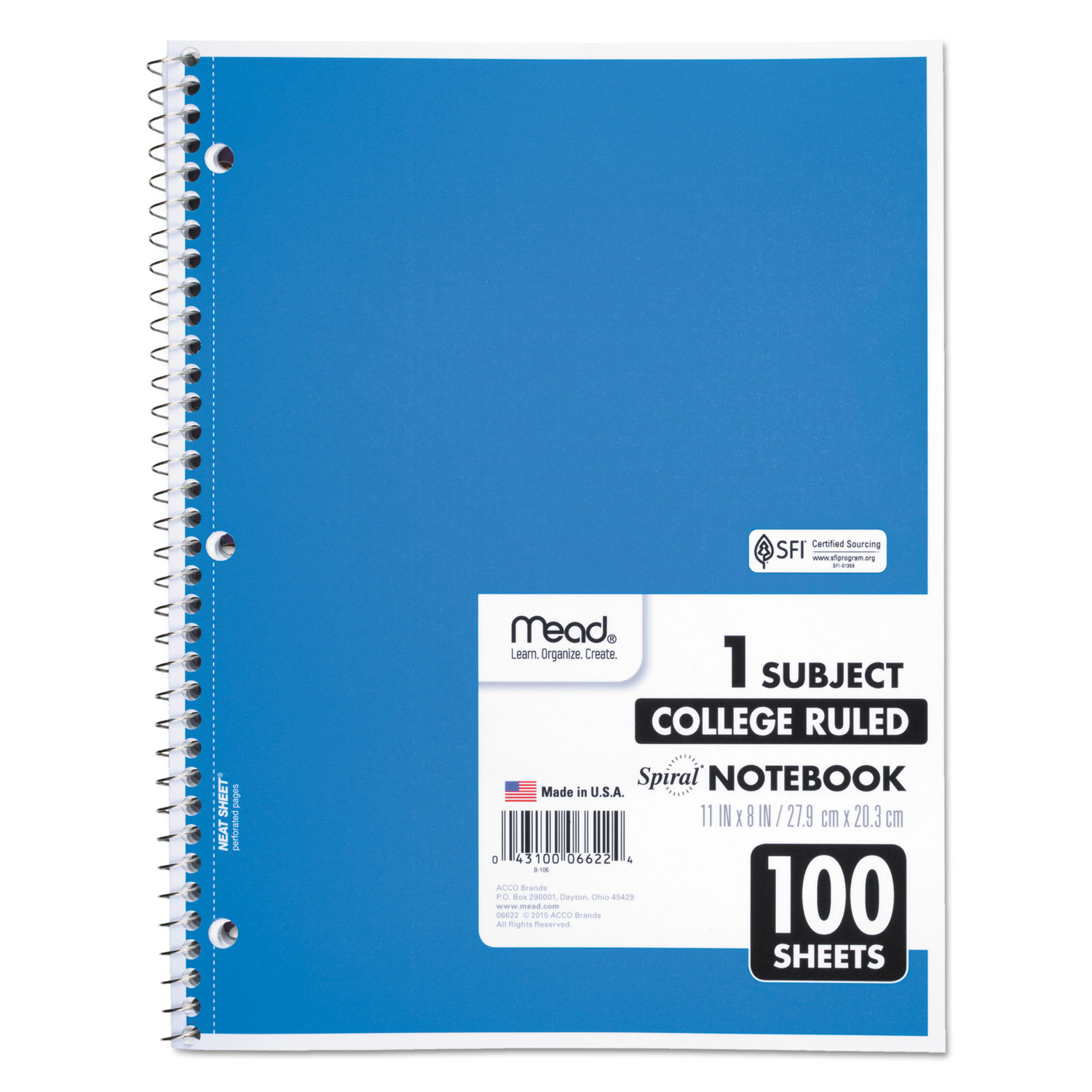 Mead® Spiral Bound Notebook, Perforated, College Rule, 11 x 8, White, 100 Sheets