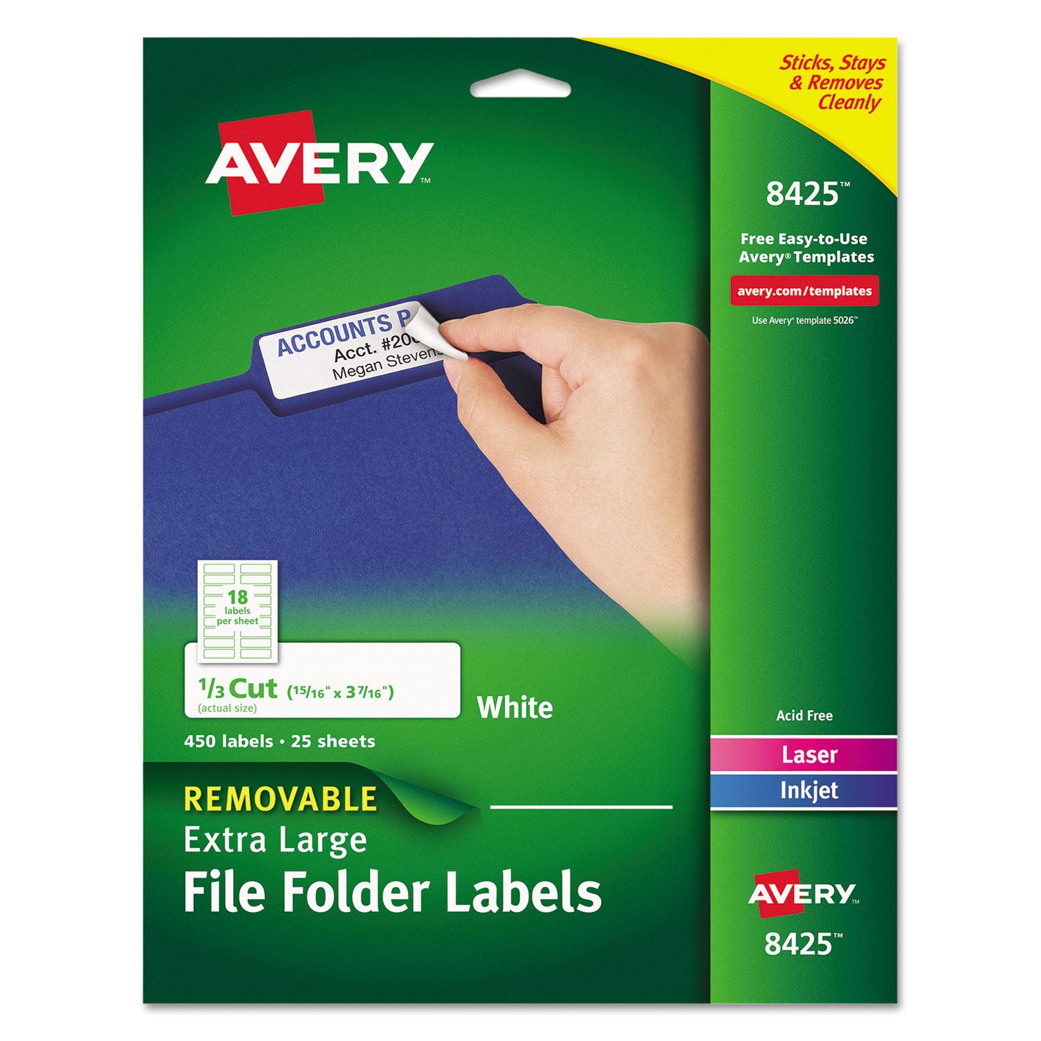 Avery® XL Removable 1/3-Cut File Folder Labels, Inkjet/Laser, .94 x 3.44, White,
