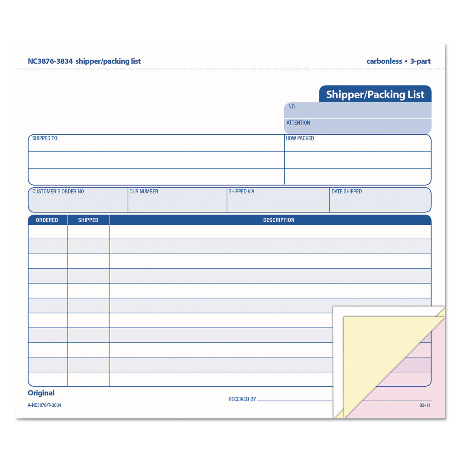 TOPS Snap-Off Shipper/Packing List, 8 1/2 x 7, Three-Part Carbonless, 50 Forms
