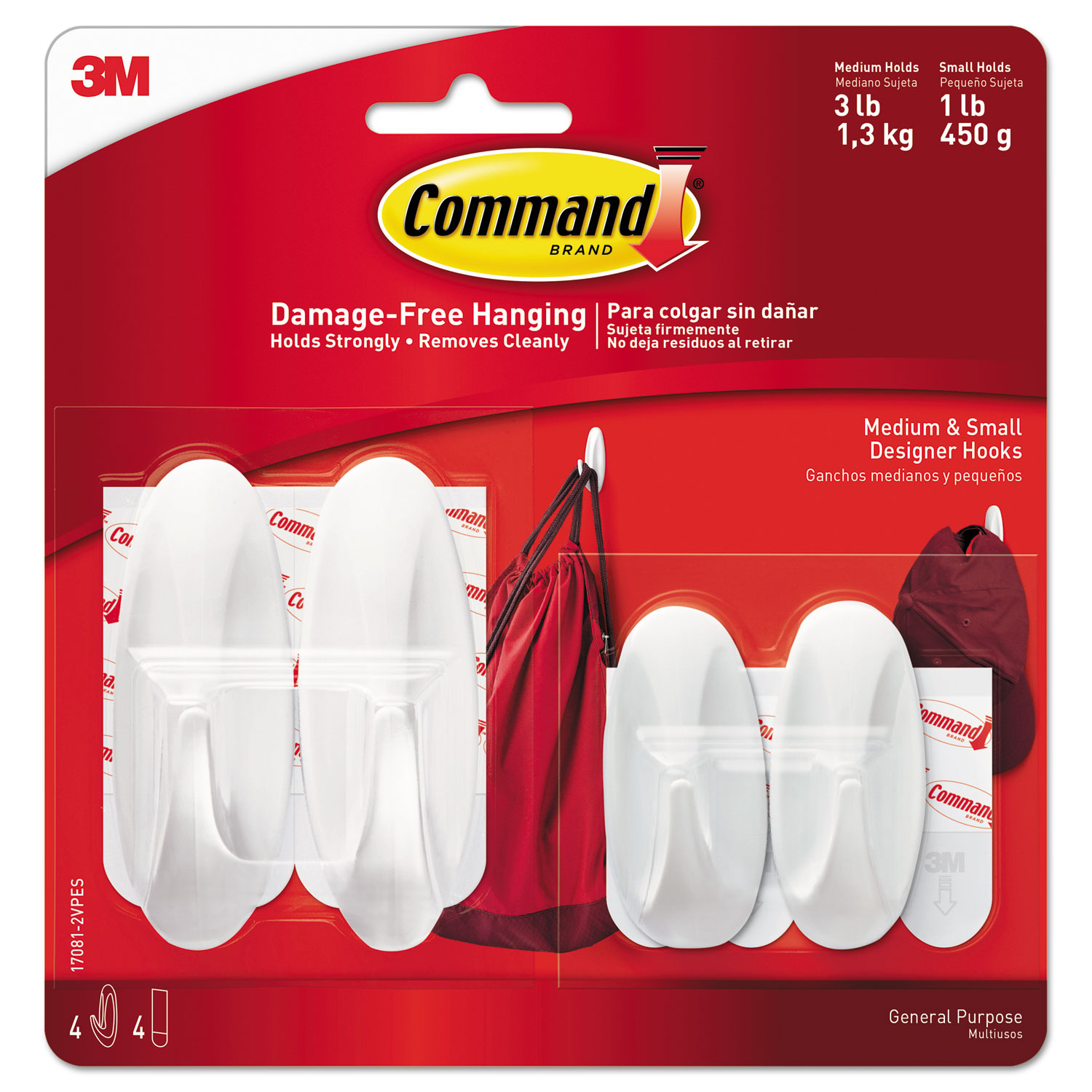 Command General Purpose Hooks Small/Medium, 3lb Cap, White, 4 Hooks & 8 Strips/
