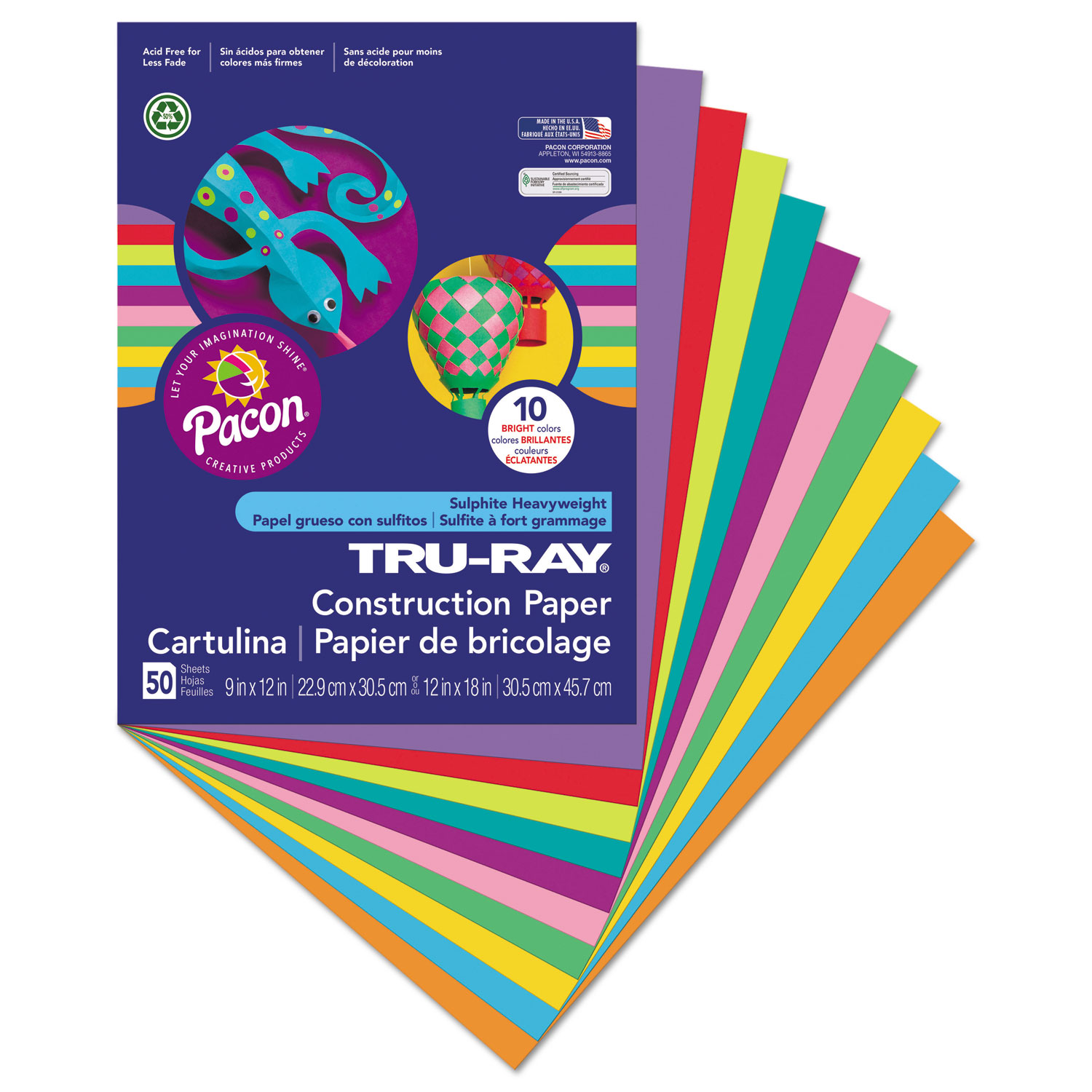 Pacon® Tru-Ray Construction Paper, 76 lbs., 9 x 12, Assorted, 50 Sheets/Pack