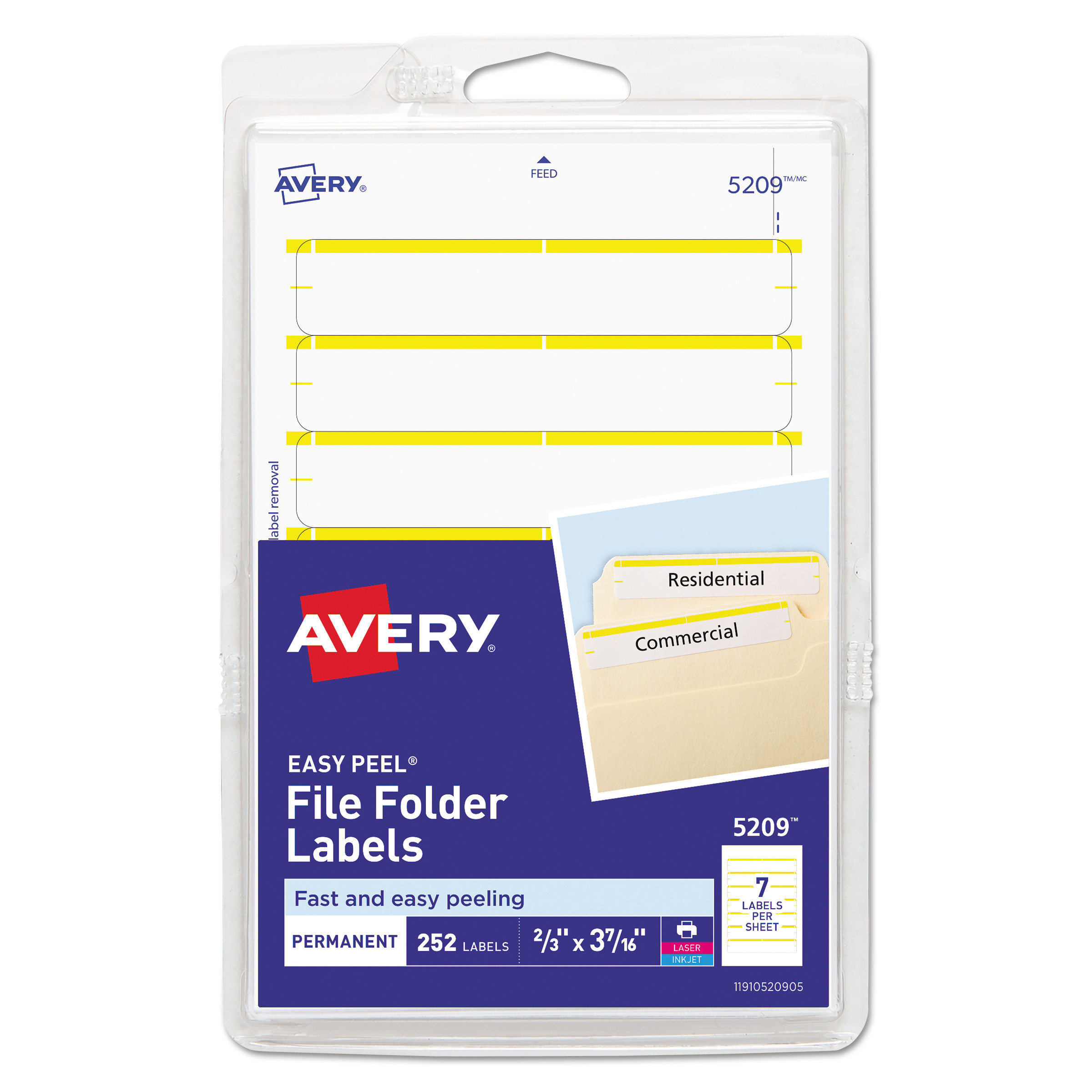 Avery® Print or Write File Folder Labels, 11/16 x 3 7/16, White/Yellow Bar, 252/
