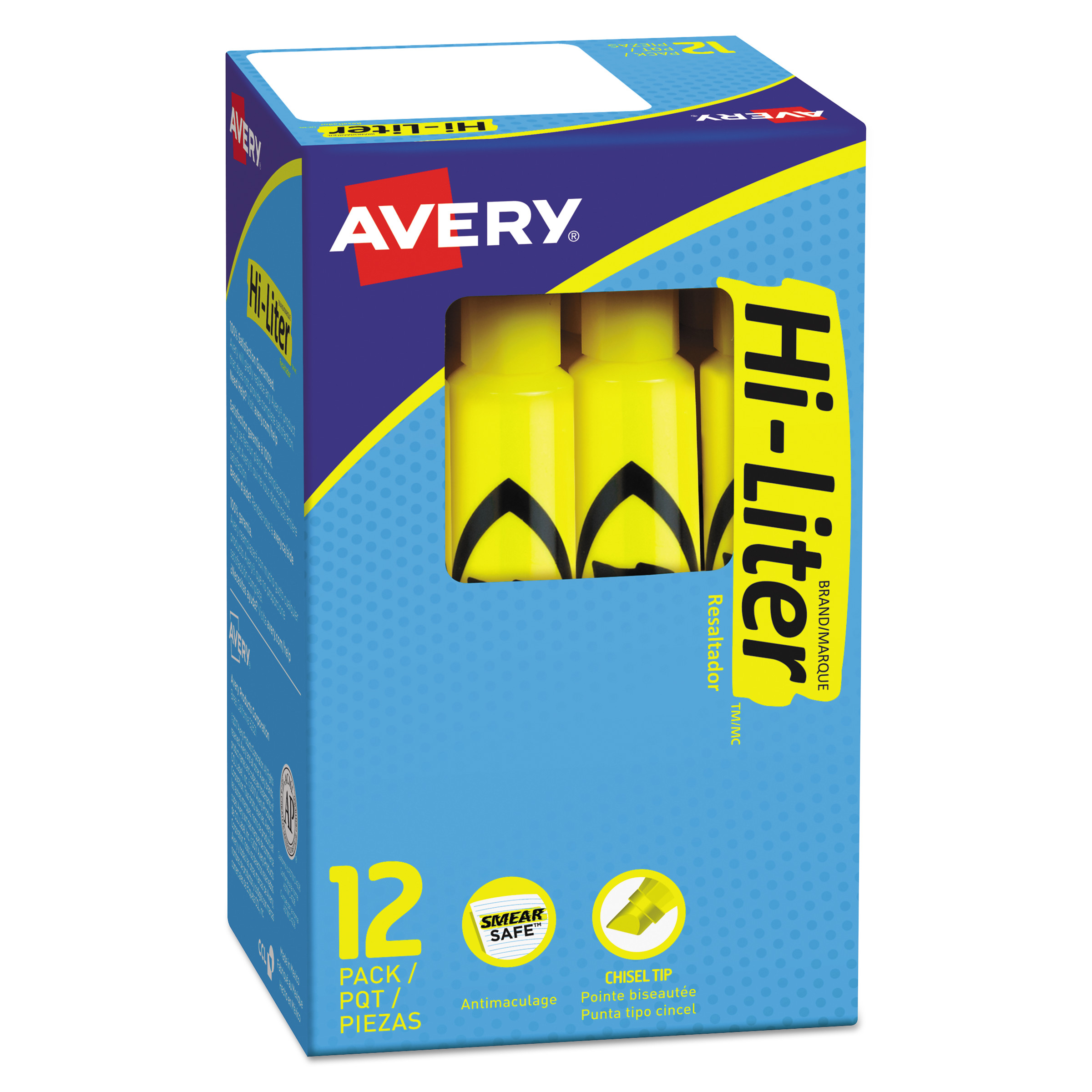 Avery® HI-LITER Desk-Style Highlighter, Chisel Tip, Yellow Ink, Dozen