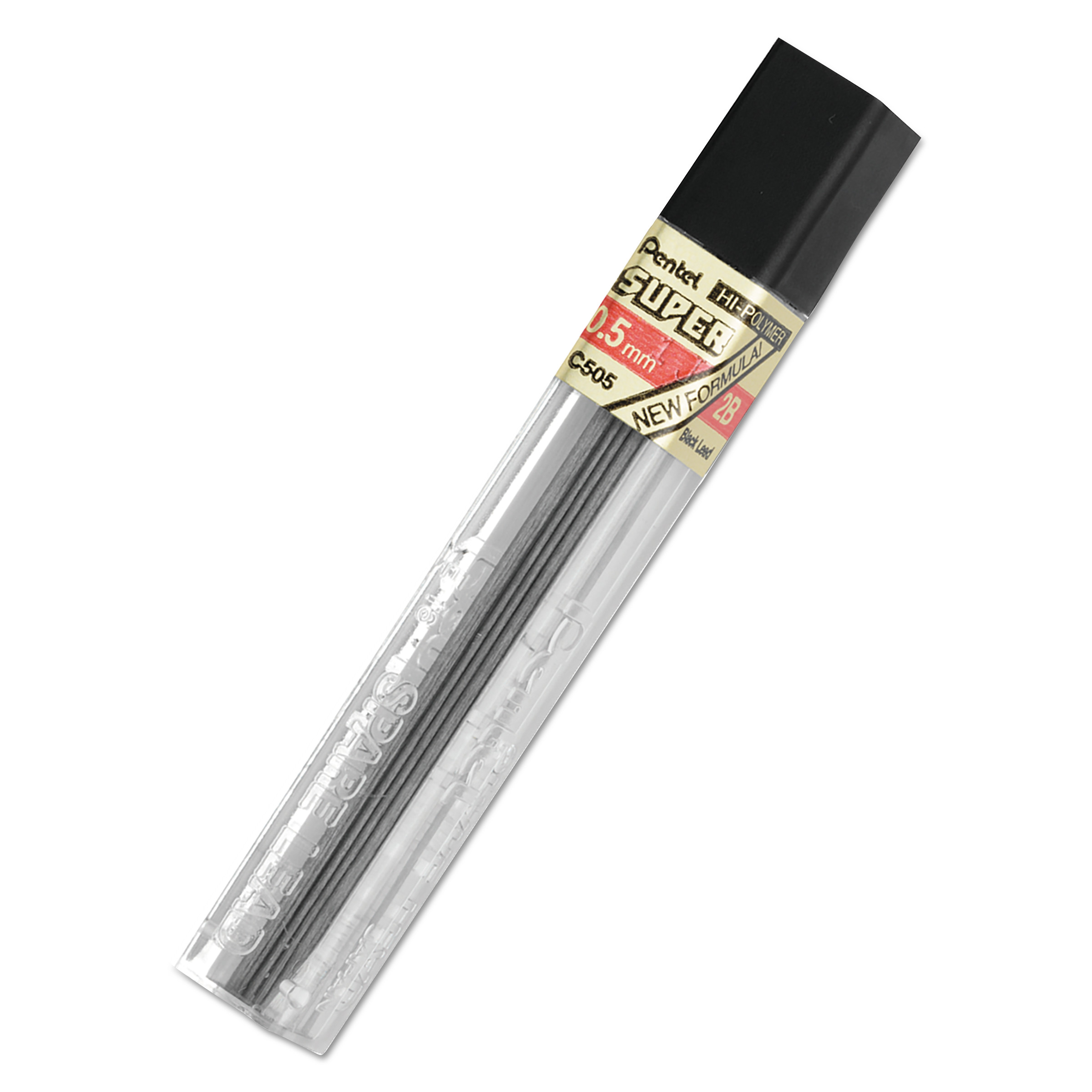 Pentel® Super Hi-Polymer Lead Refills, 0.5mm, 2B, Black, 12 Leads/Tube