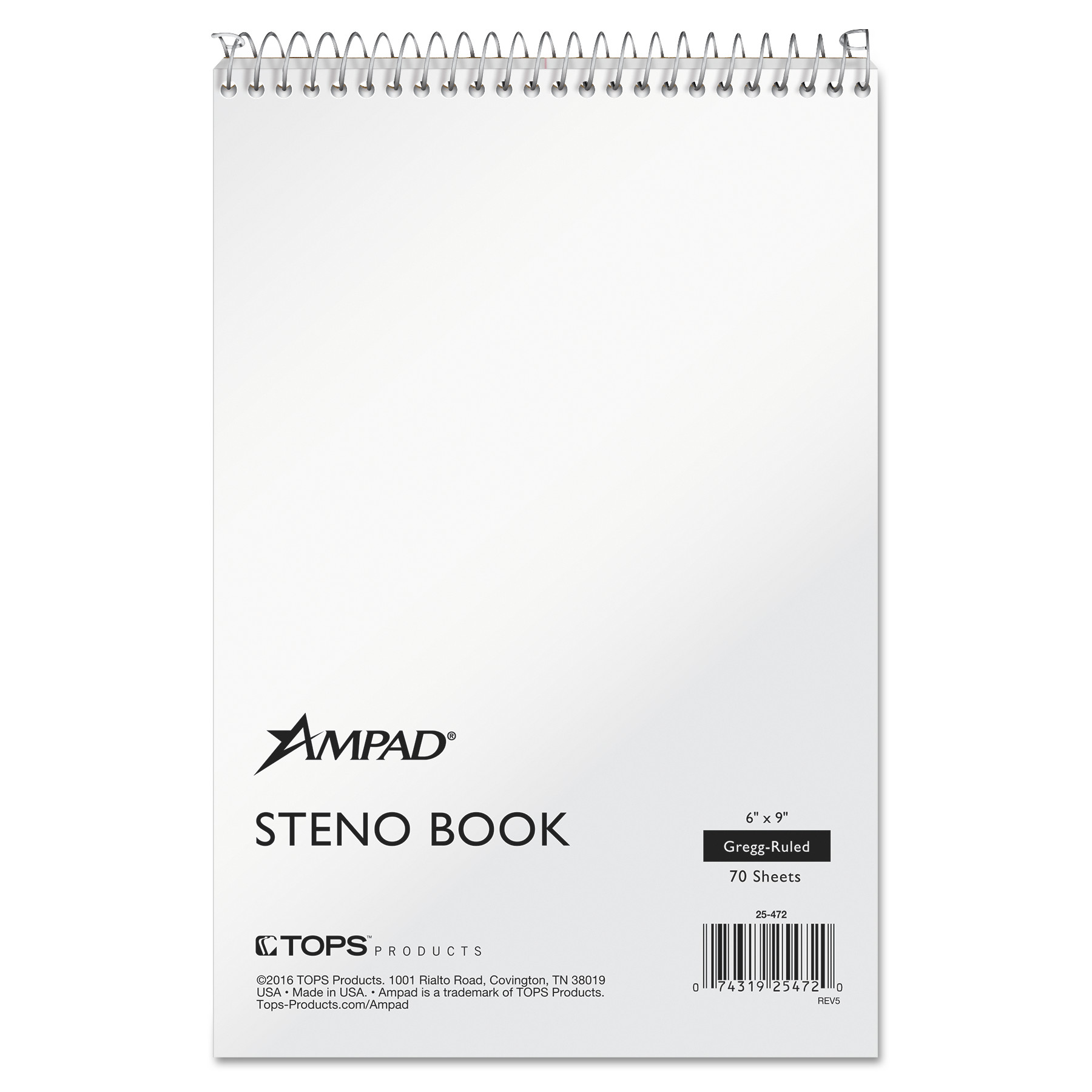 Ampad® Spiral Steno Book, Gregg, 6 x 9, 15 lb, White, 70 Sheets