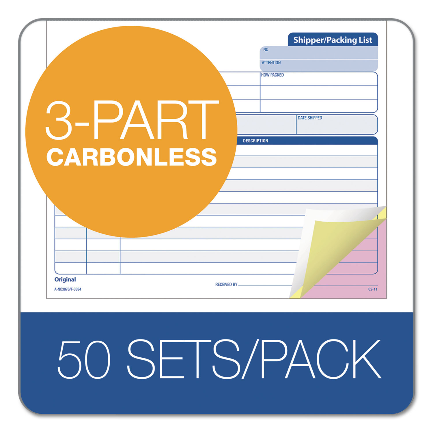 TOPS Snap-Off Shipper/Packing List, 8 1/2 x 7, Three-Part Carbonless, 50 Forms