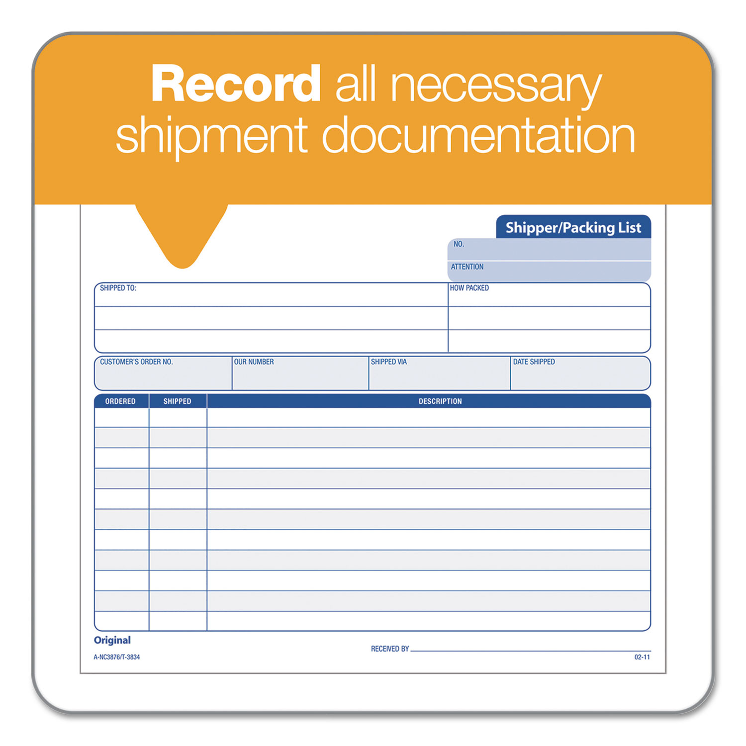 TOPS Snap-Off Shipper/Packing List, 8 1/2 x 7, Three-Part Carbonless, 50 Forms