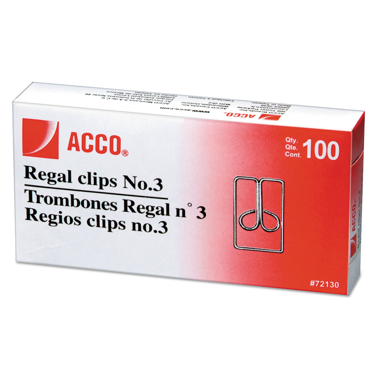 ACCO Metal Regal Clips, #3, Silver, 100/Box