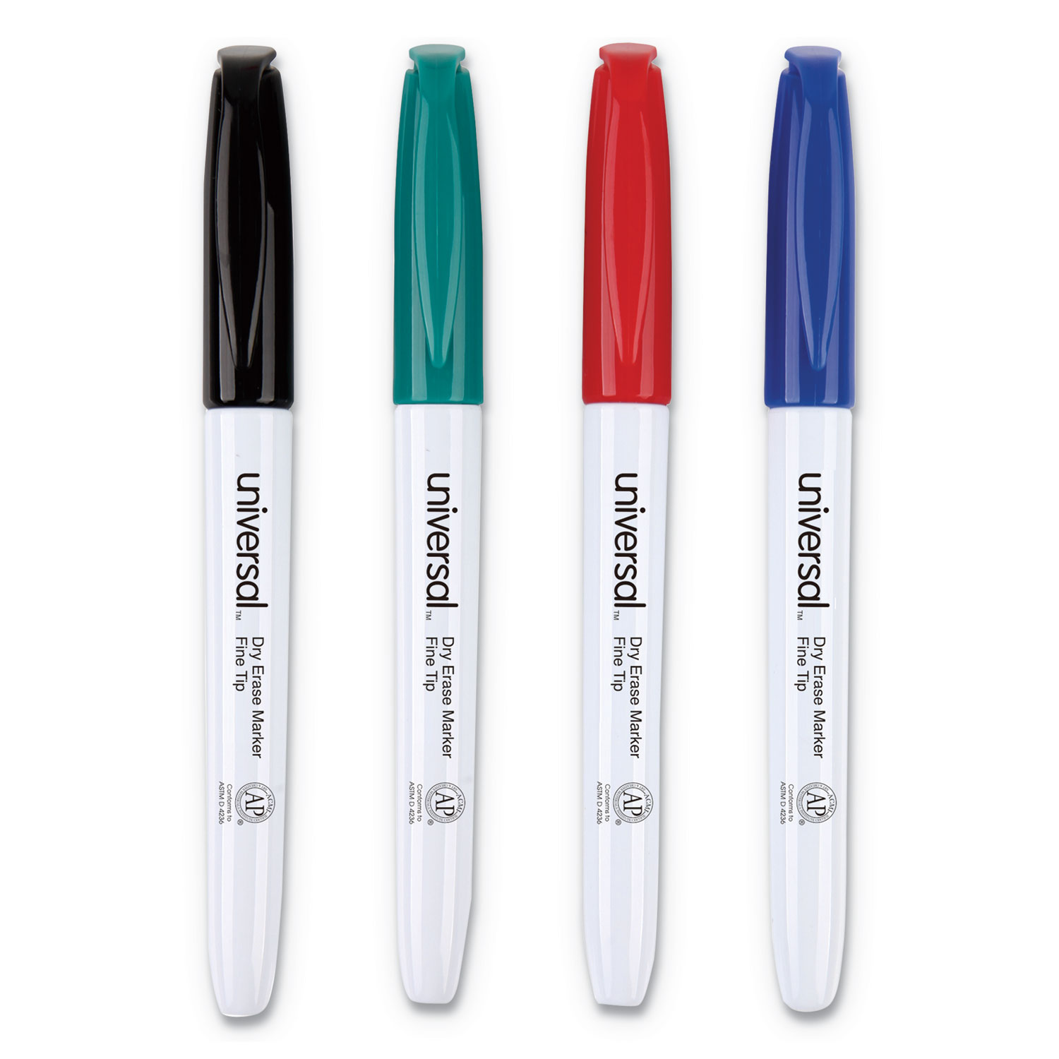 Universal® Pen Style Dry Erase Markers, Fine/Bullet Tip, Assorted, 4/Set