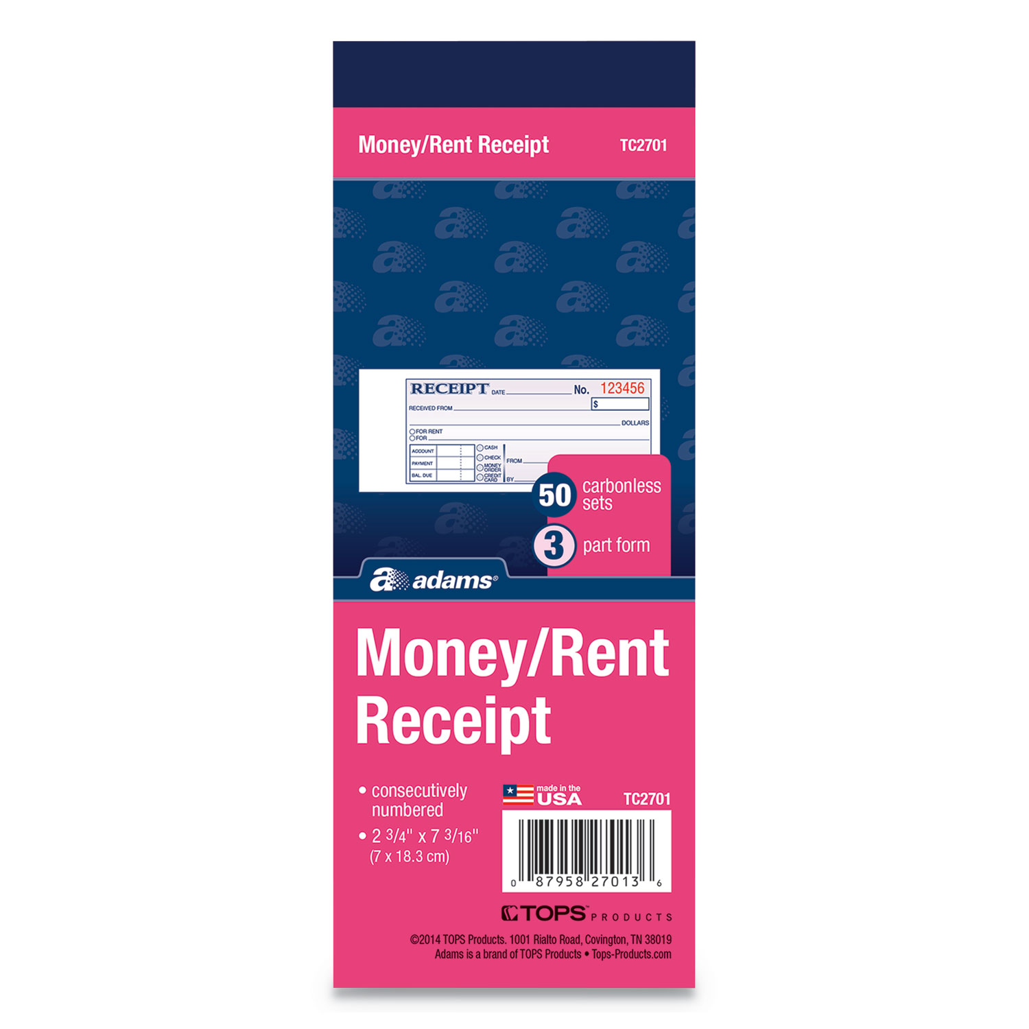 Adams® Receipt Book, 2 3/4 x 7 3/16, Three-Part Carbonless, 50 Forms