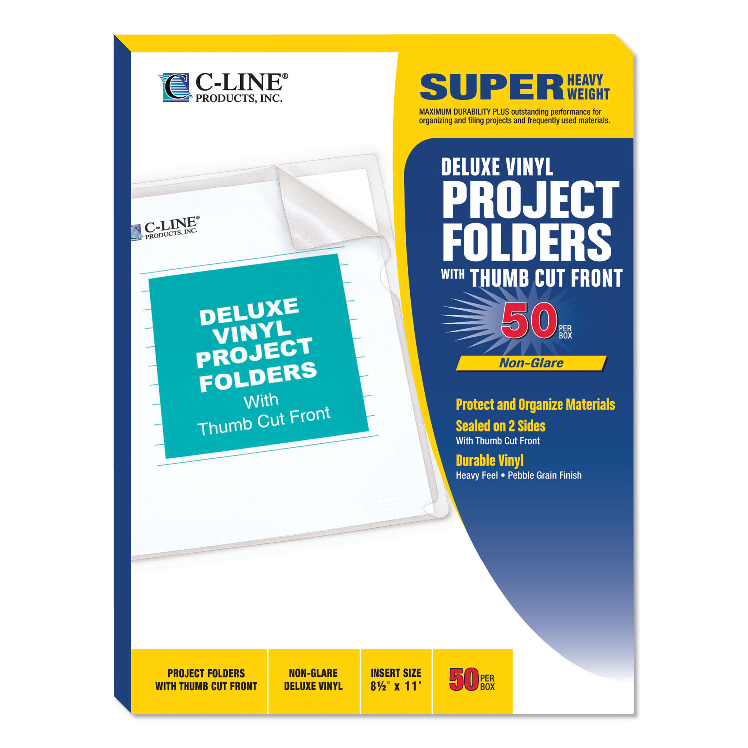 C-Line® Deluxe Project Folders, Jacket, Letter, Vinyl, Clear, 50/Box