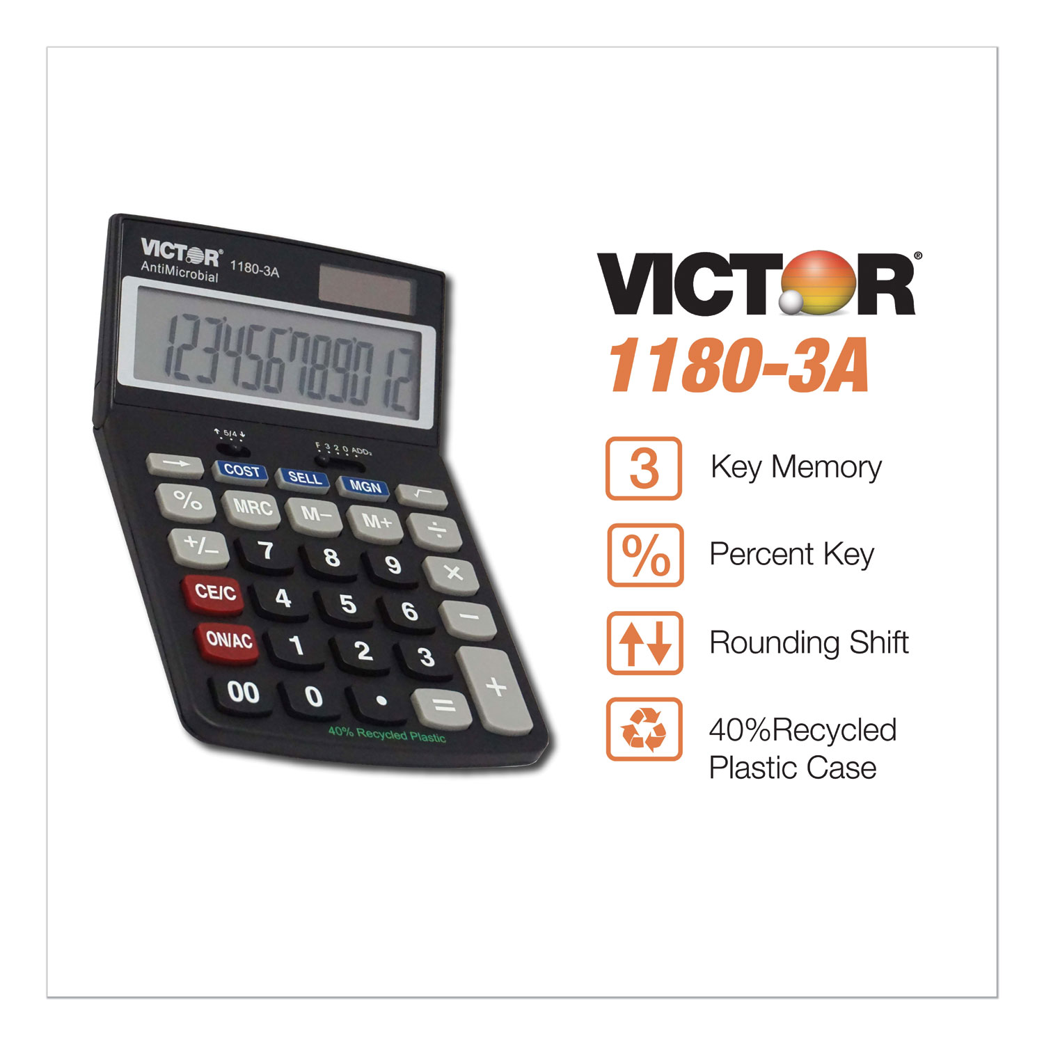 Victor® 1180-3A Antimicrobial Desktop Calculator, 12-Digit LCD